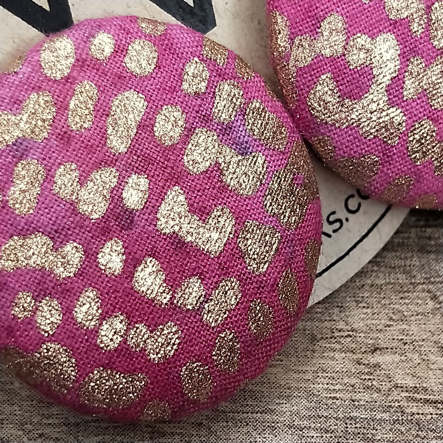 Wildears Fabric Covered Button Earrings Pink Gold 27mm