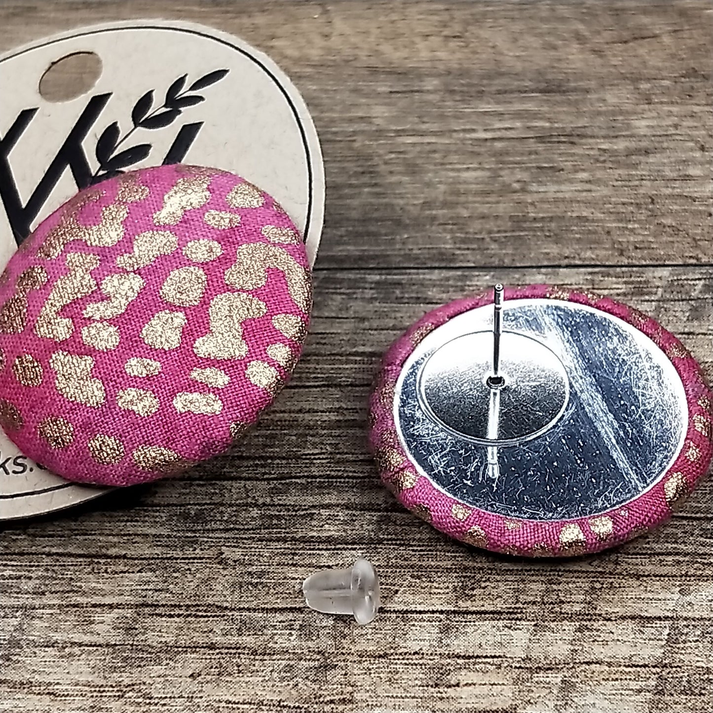 Wildears Fabric Covered Button Earrings Pink Gold 27mm