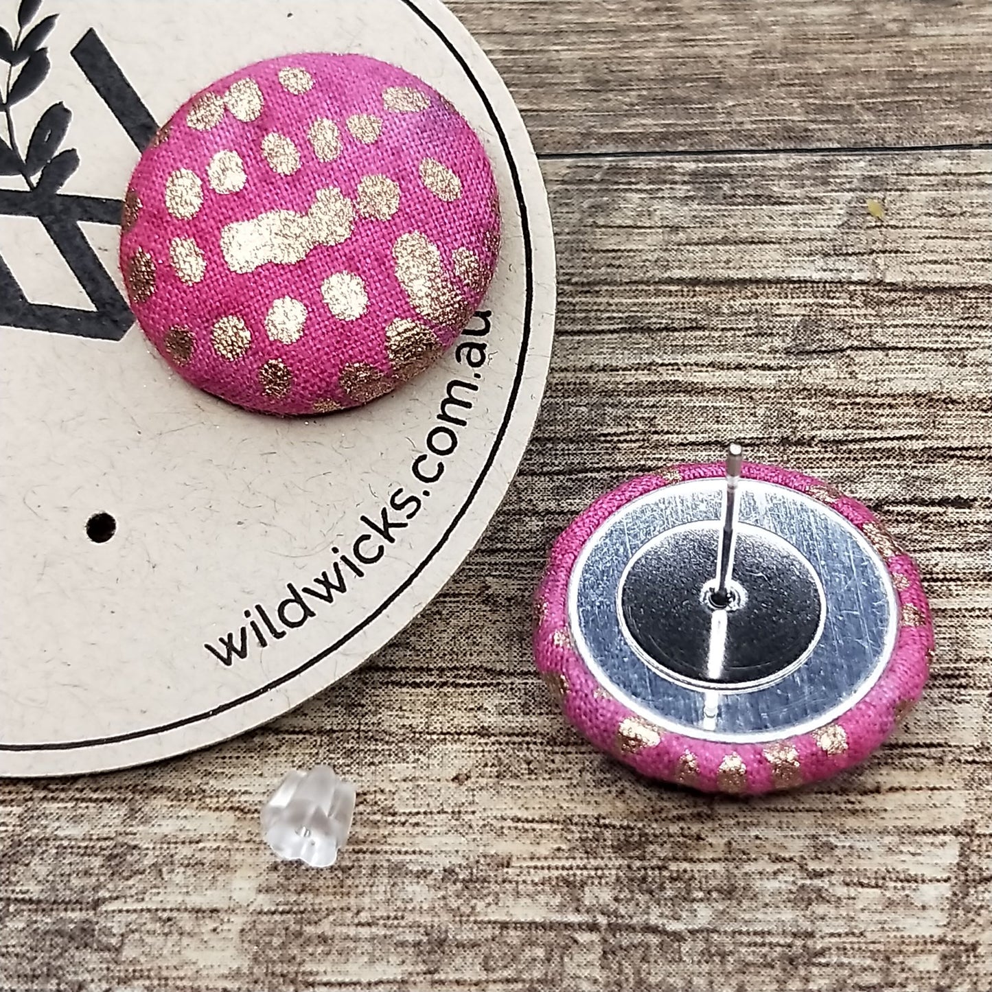 Wildears Fabric Covered Button Earrings Pink Gold 19mm