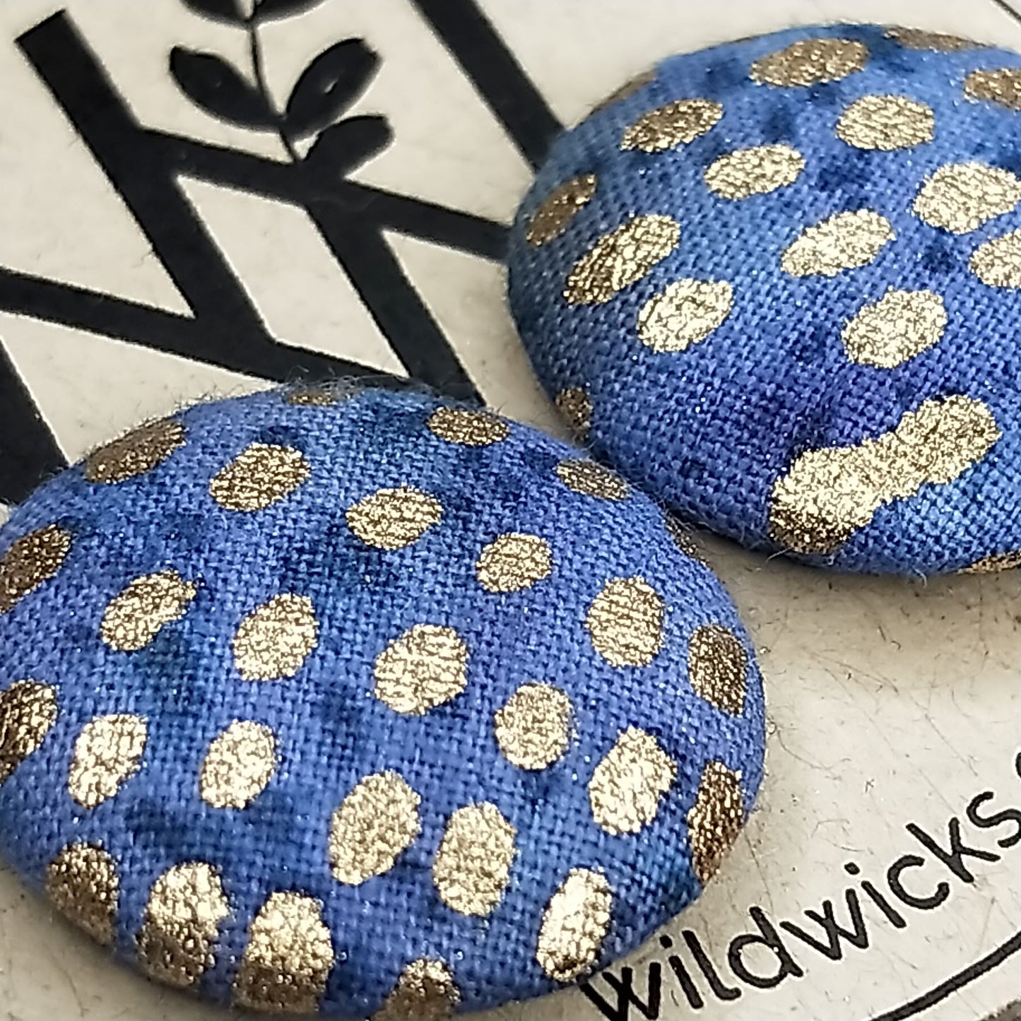 Wildears Fabric Covered Button Earrings Blue Gold 19mm