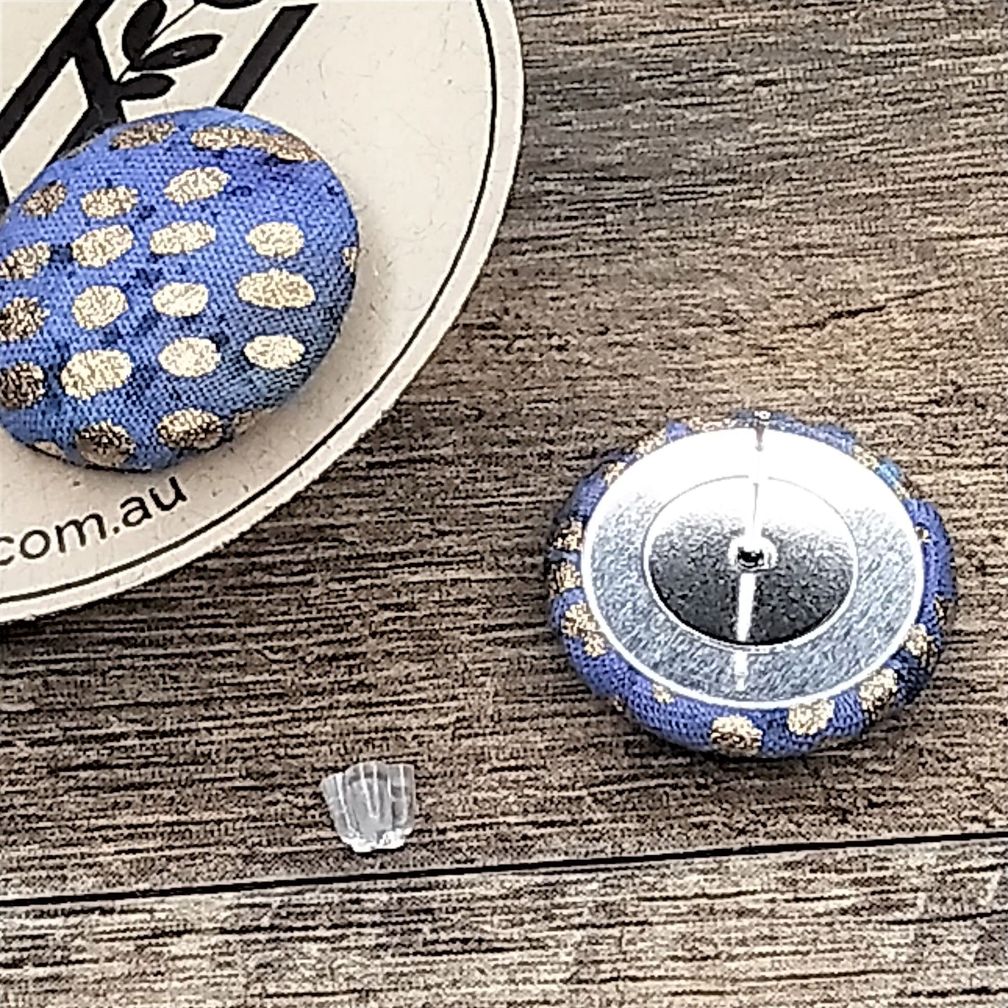 Wildears Fabric Covered Button Earrings Blue Gold 19mm