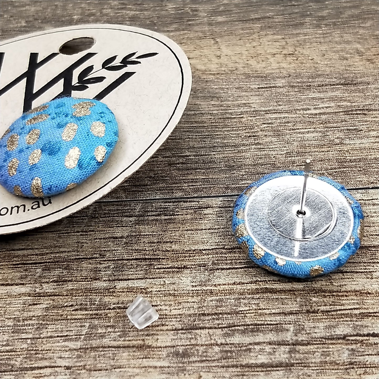 Wildears Fabric Covered Button Earrings Gold Blue 19mm