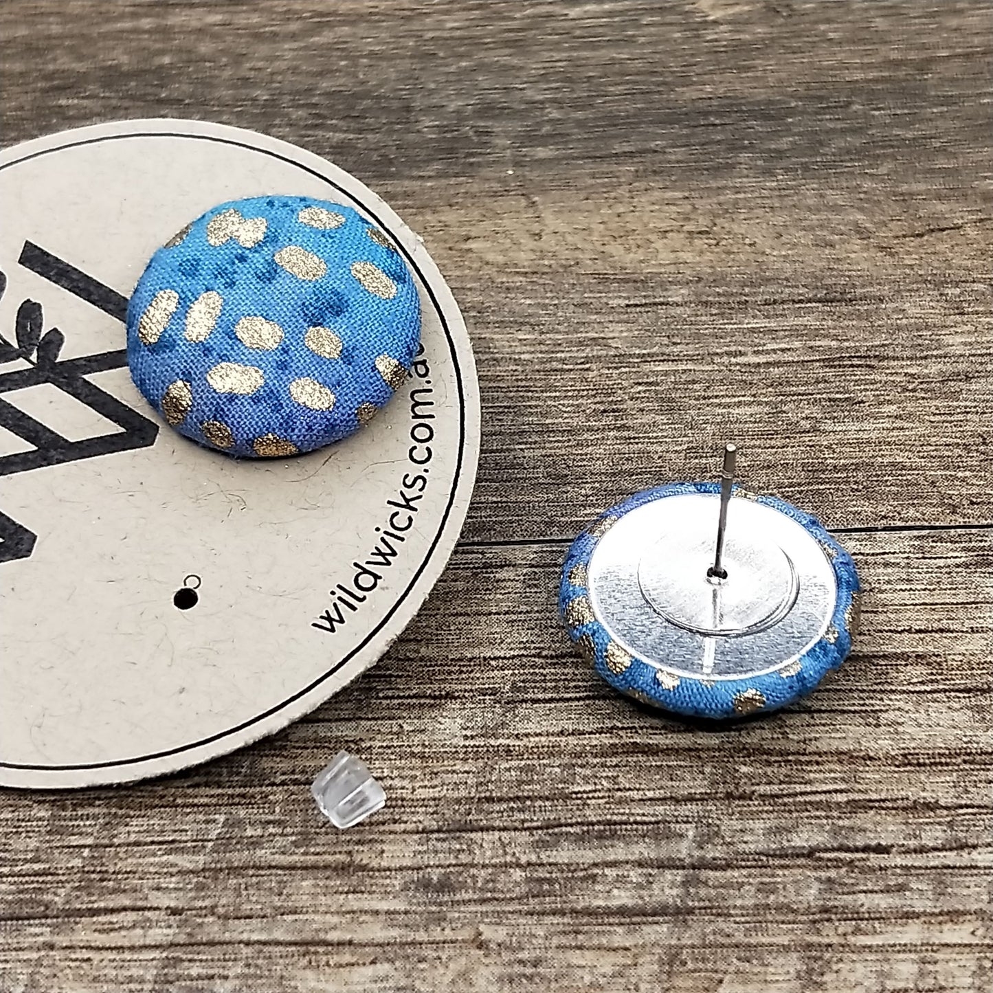 Wildears Fabric Covered Button Earrings Gold Blue 19mm