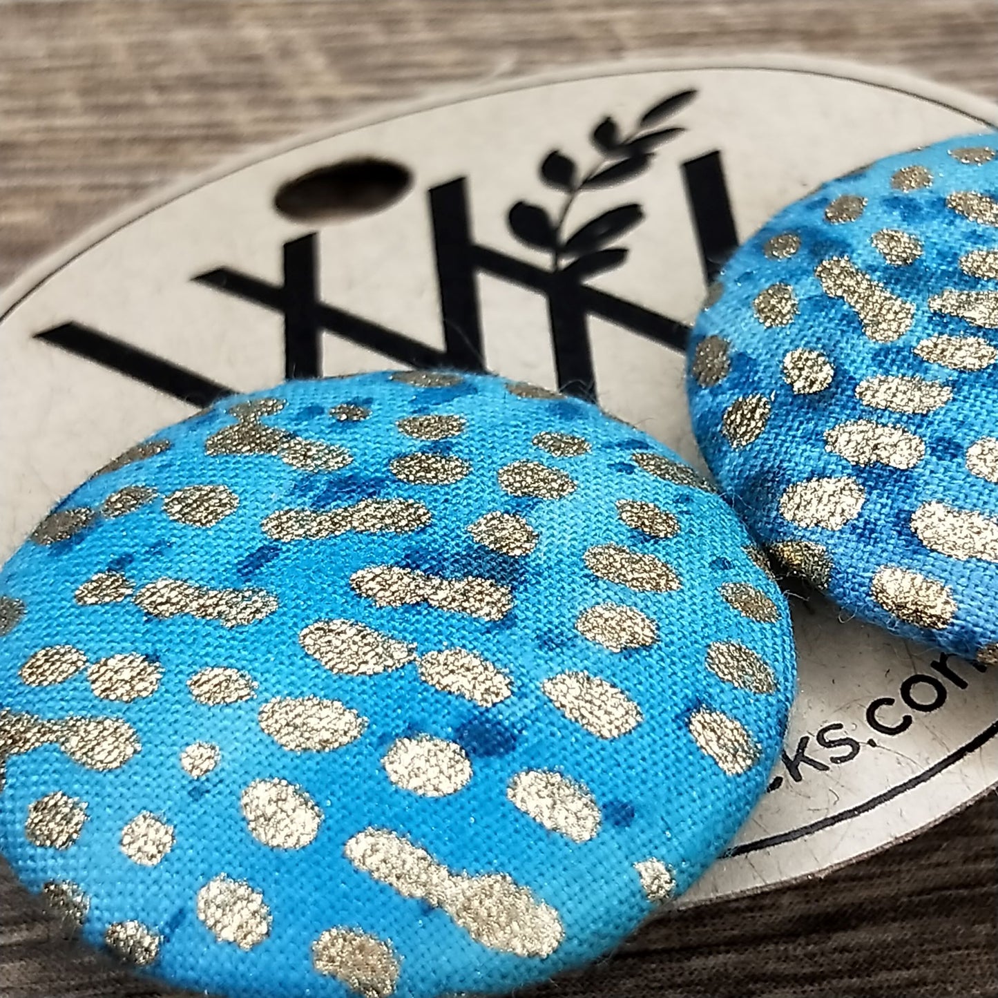 Wildears Fabric Covered Button Earrings Gold Turquoise 27mm