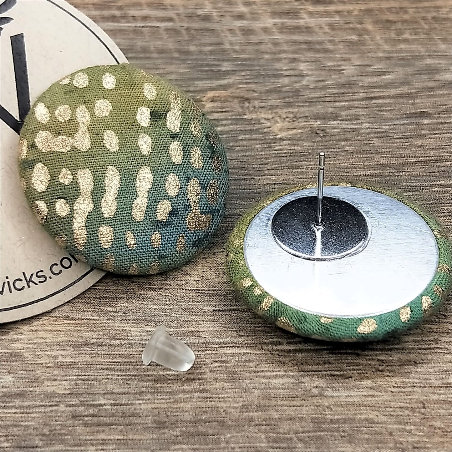 Wildears Fabric Covered Button Earrings Gold Blue Green 27mm