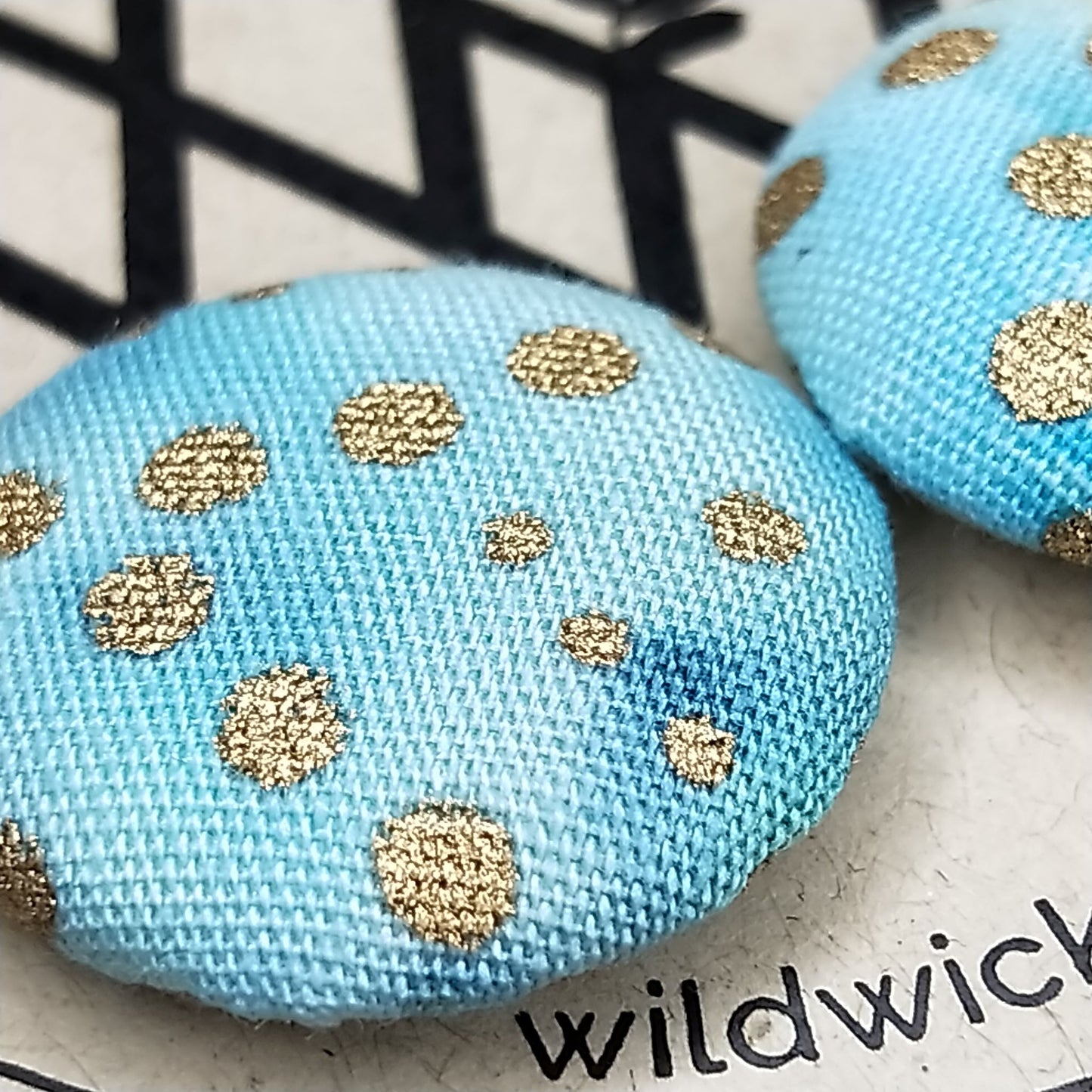 Wildears Fabric Covered Button Earrings Gold Turquoise 19mm