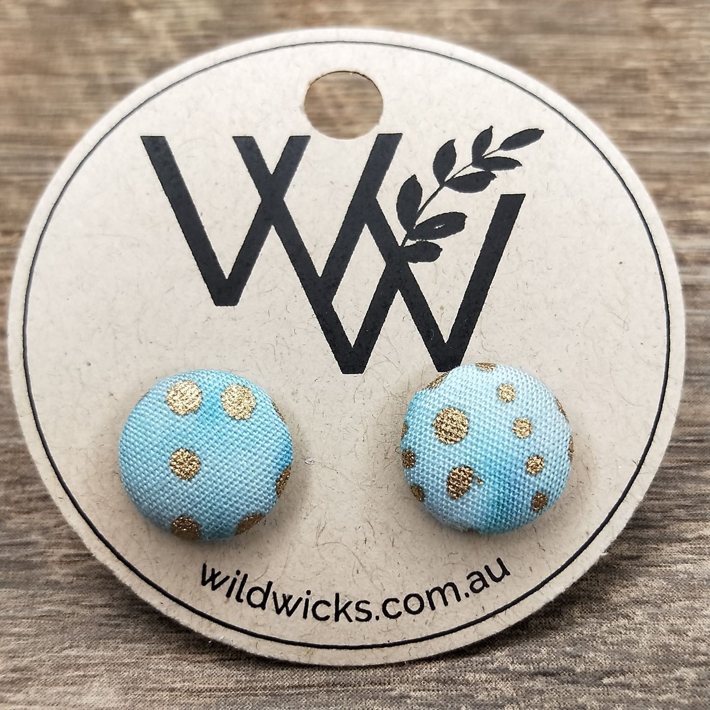 Wildears Fabric Covered Button Earrings Gold Turquoise 12mm