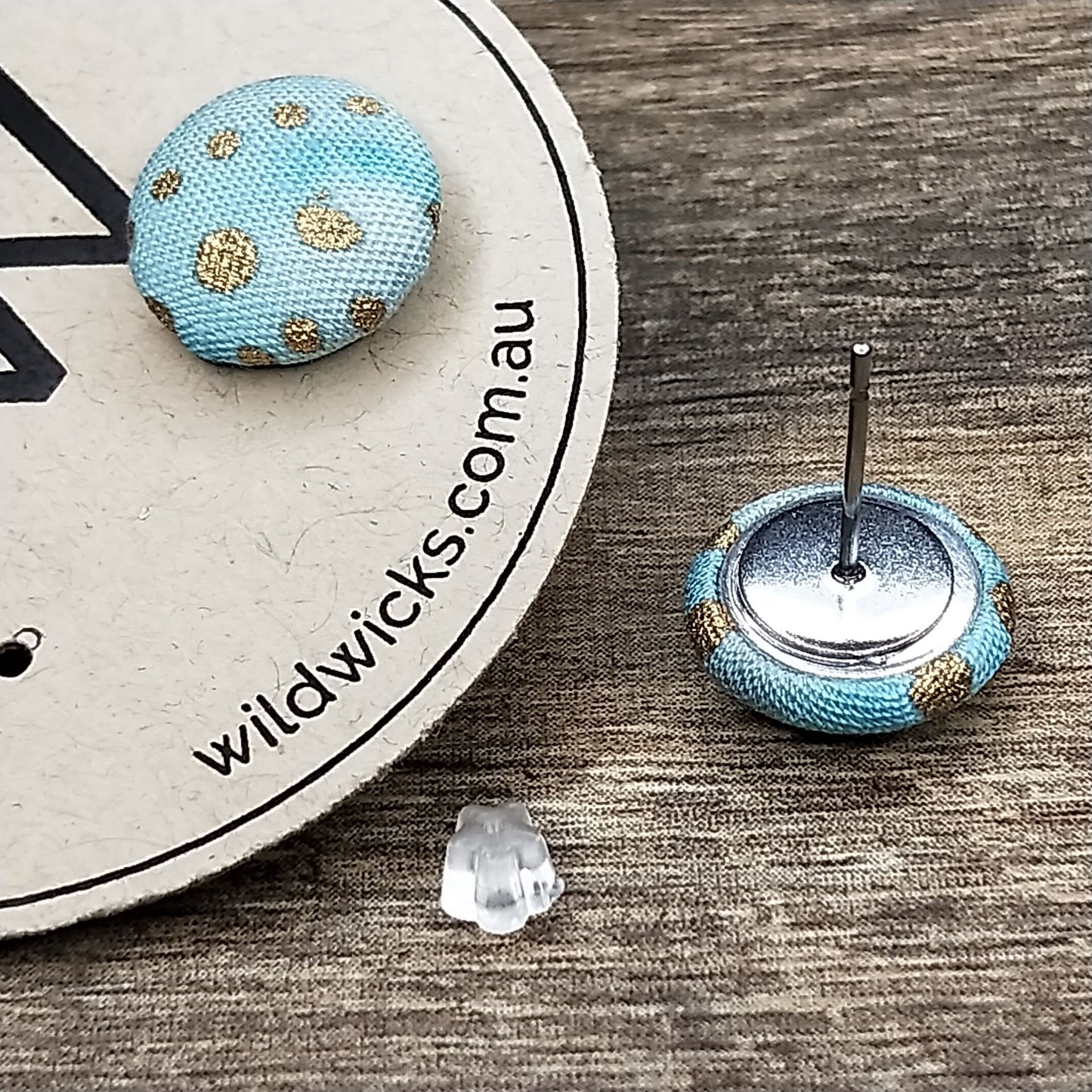 Wildears Fabric Covered Button Earrings Gold Turquoise 12mm