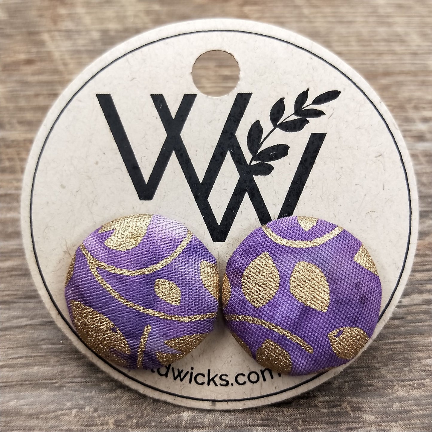 Wildears Fabric Covered Button Earrings Gold Leaf Purple 19mm