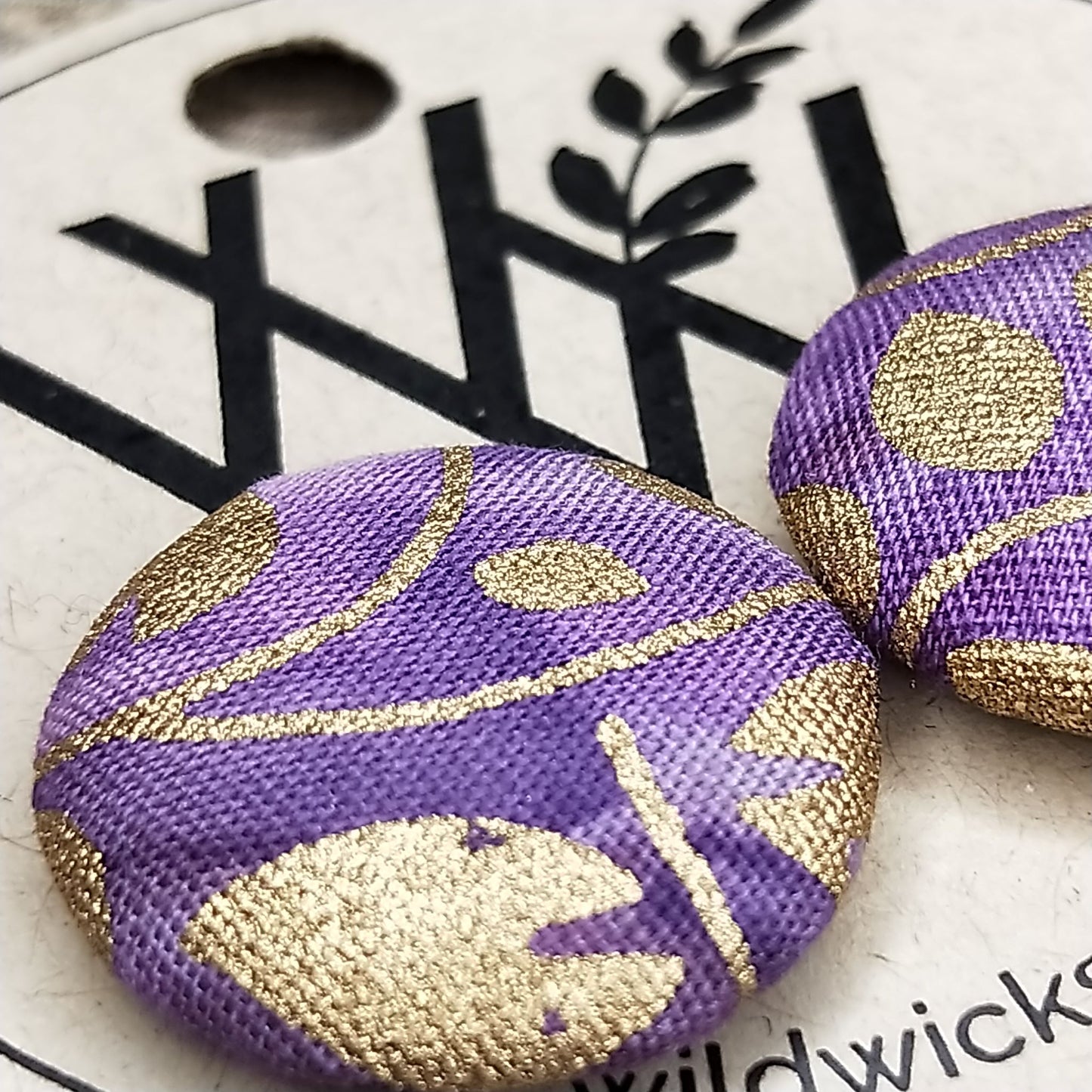 Wildears Fabric Covered Button Earrings Gold Leaf Purple 19mm