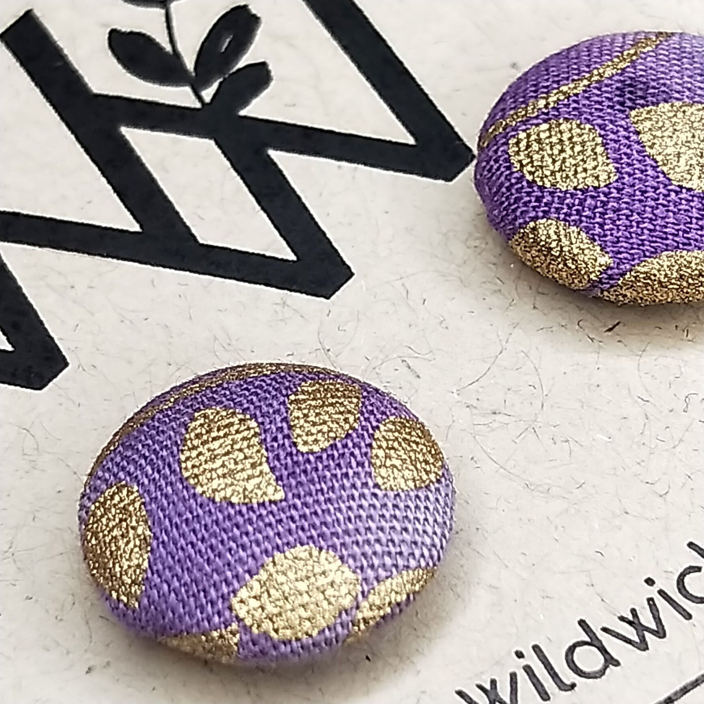 Wildears Fabric Covered Button Earrings Gold Leaf Purple 12mm