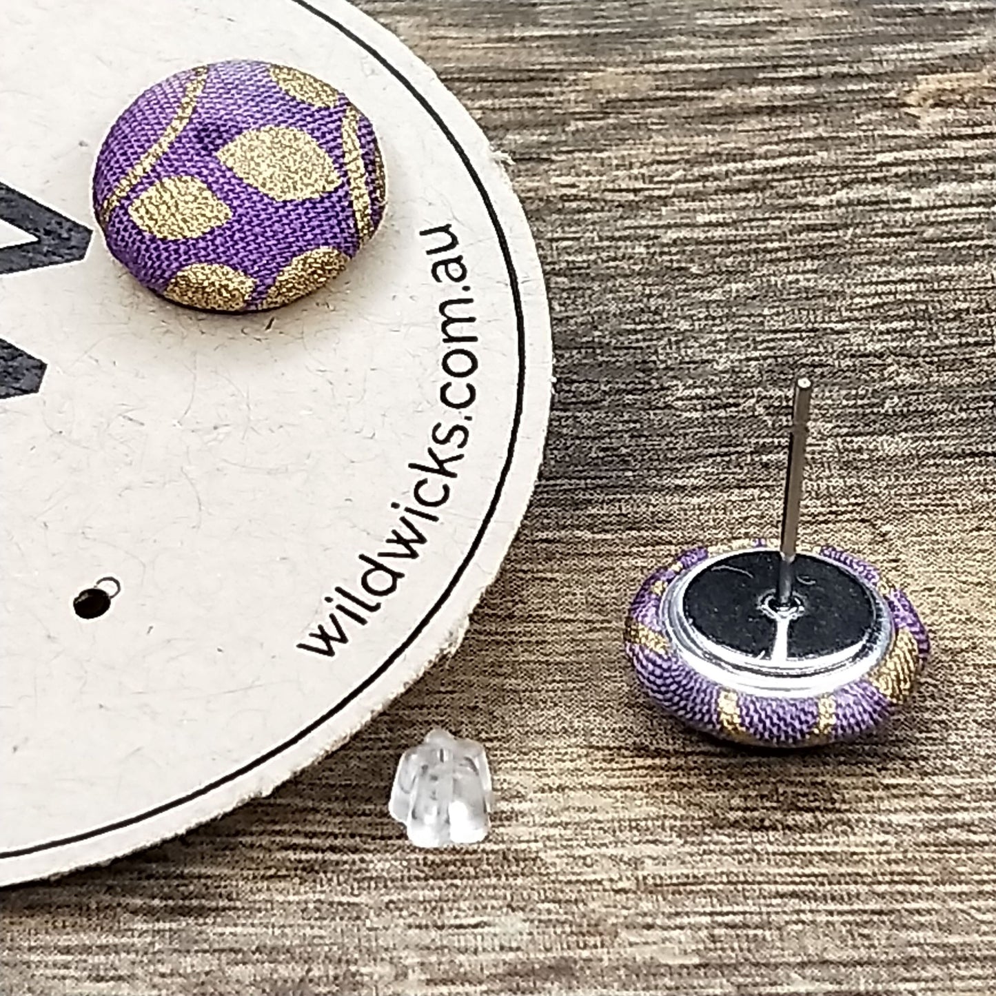 Wildears Fabric Covered Button Earrings Gold Leaf Purple 12mm