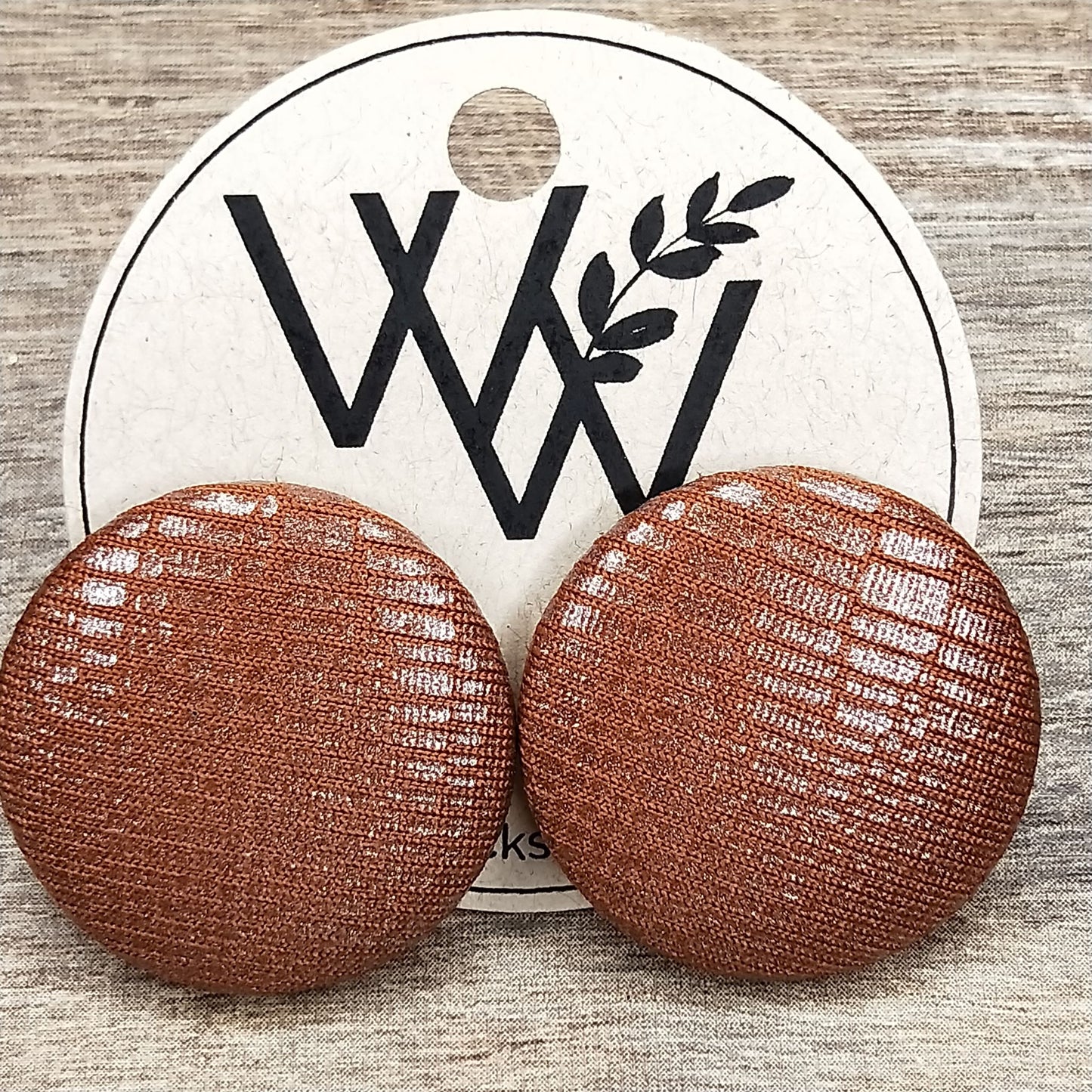 Wildears Fabric Covered Button Earrings Brown Snakeskin 27mm
