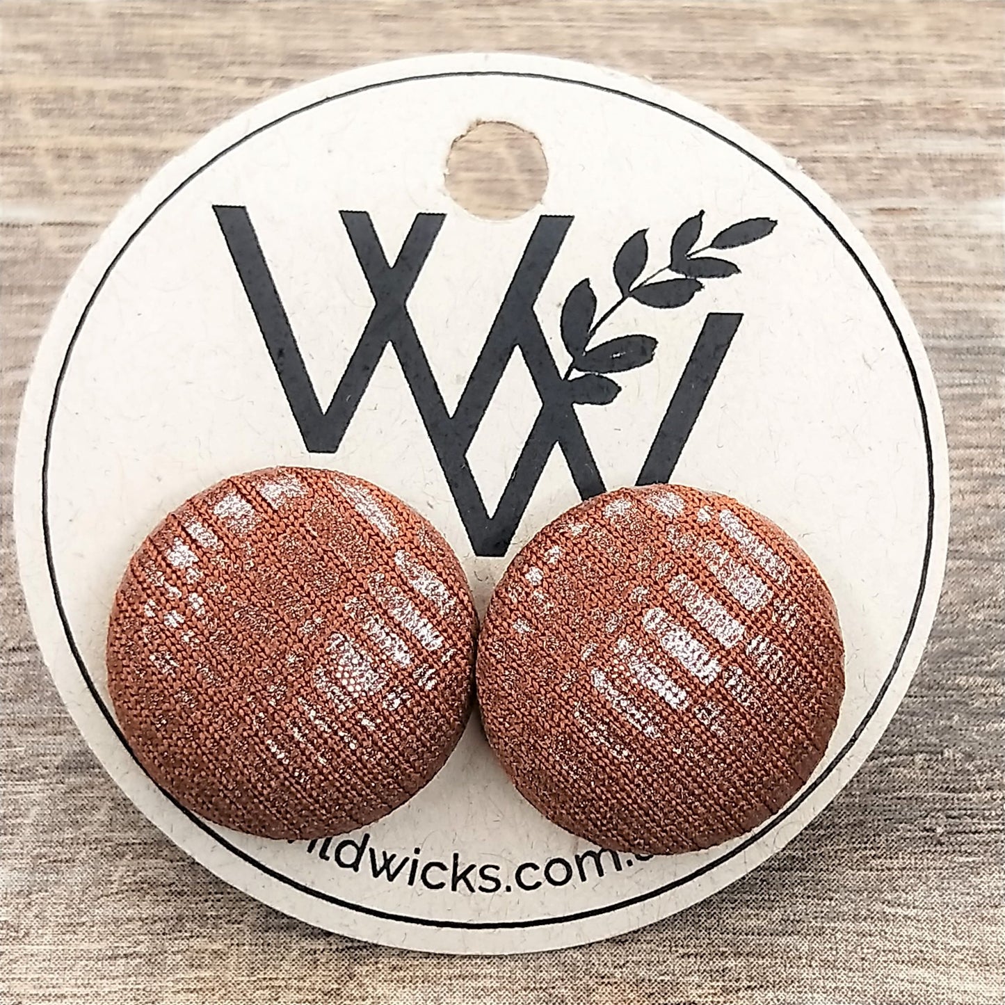 Wildears Fabric Covered Button Earrings Brown Snakeskin 19mm