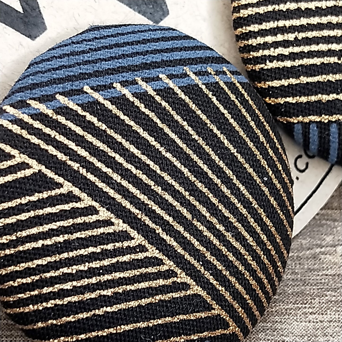 Wildears Fabric Covered Button Earrings Gold Grey Lines 1 27mm