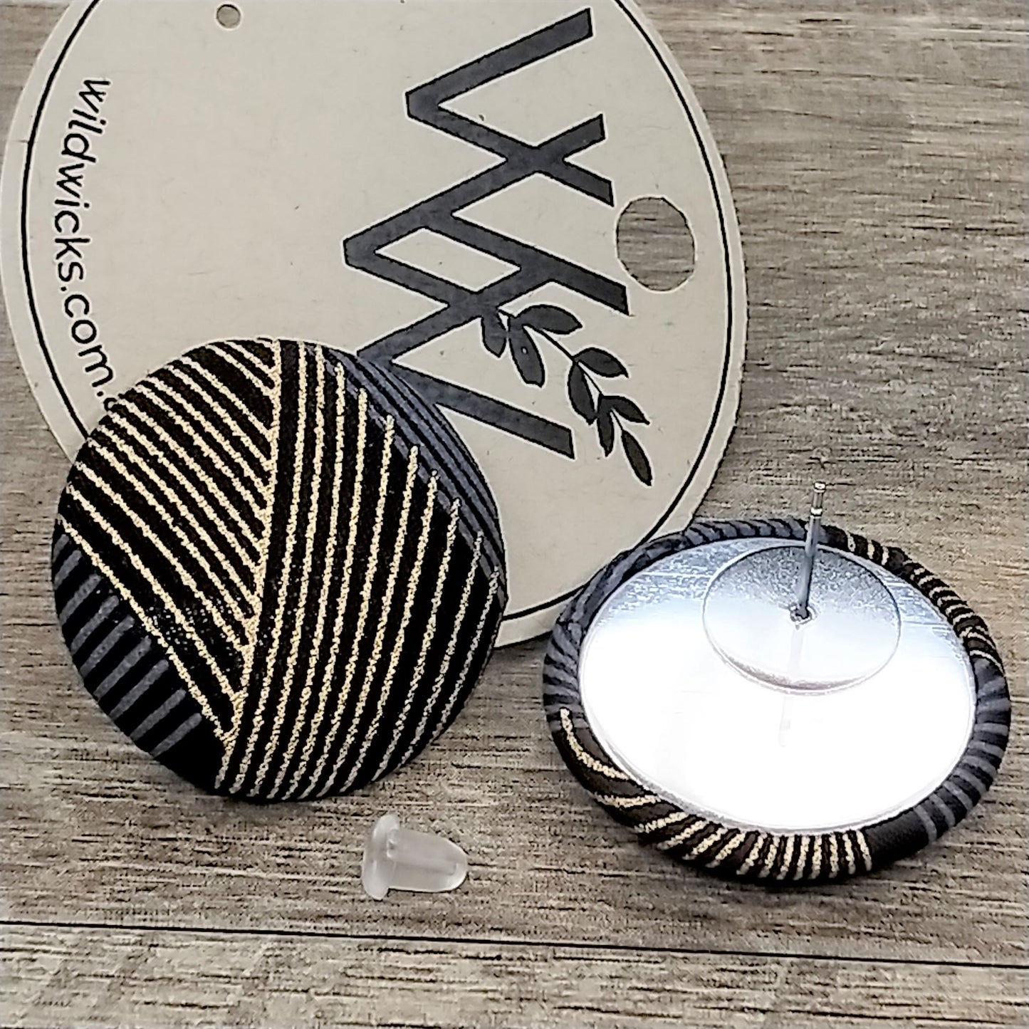 Wildears Fabric Covered Button Earrings Gold Grey Lines 1 27mm