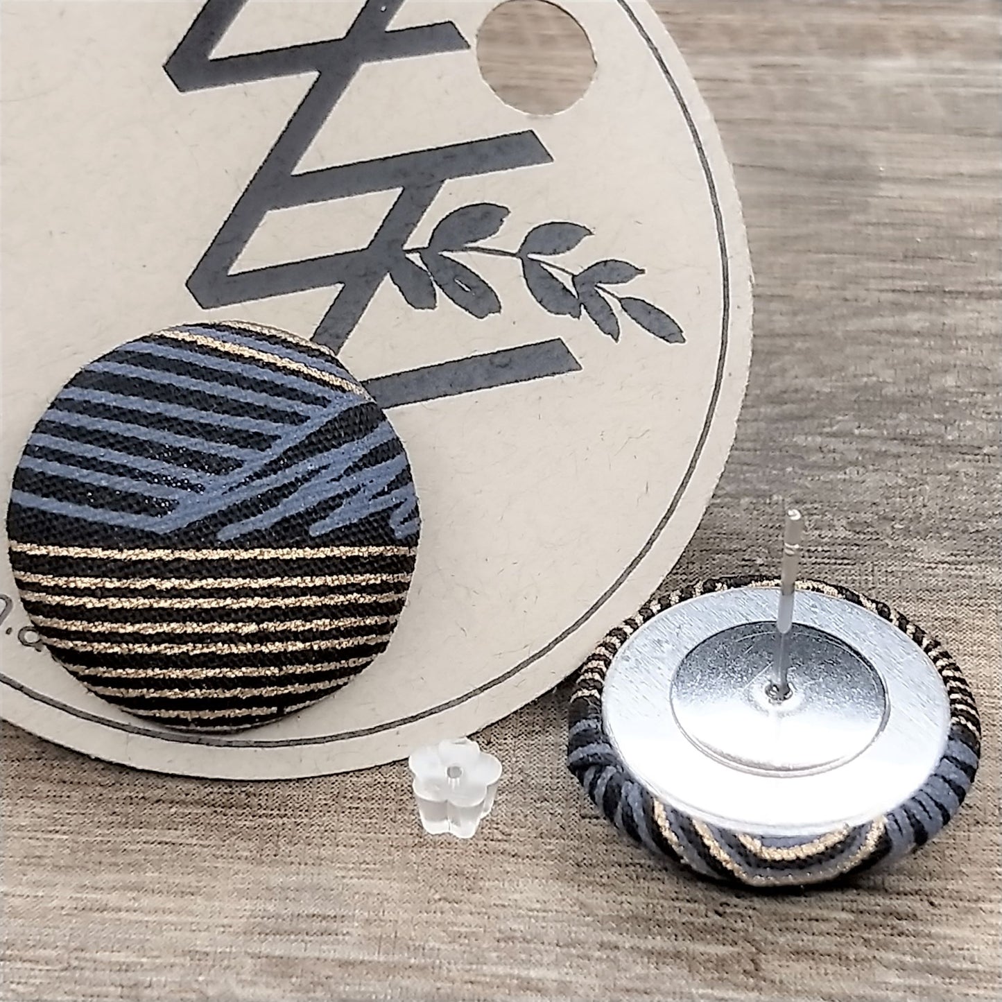 Wildears Fabric Covered Button Earrings Gold Grey Lines 1 19mm