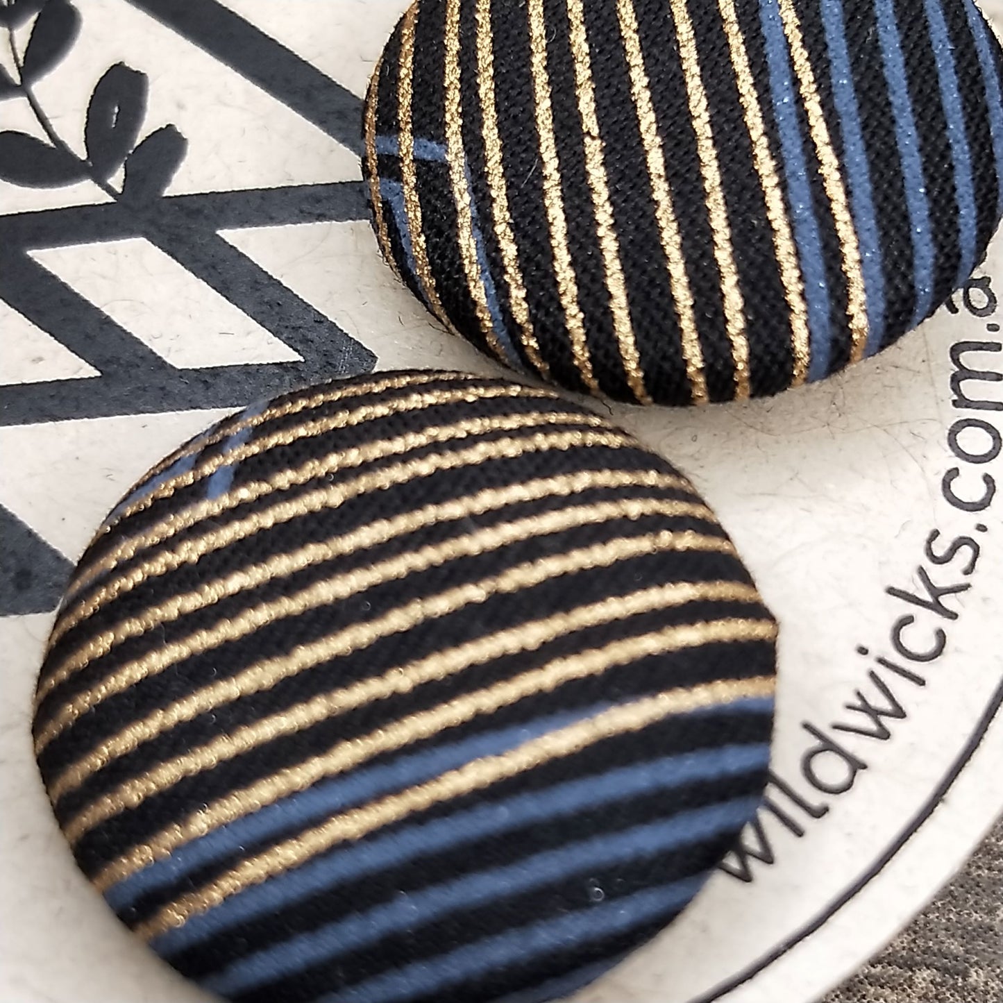 Wildears Fabric Covered Button Earrings Gold Grey Lines 2 19mm