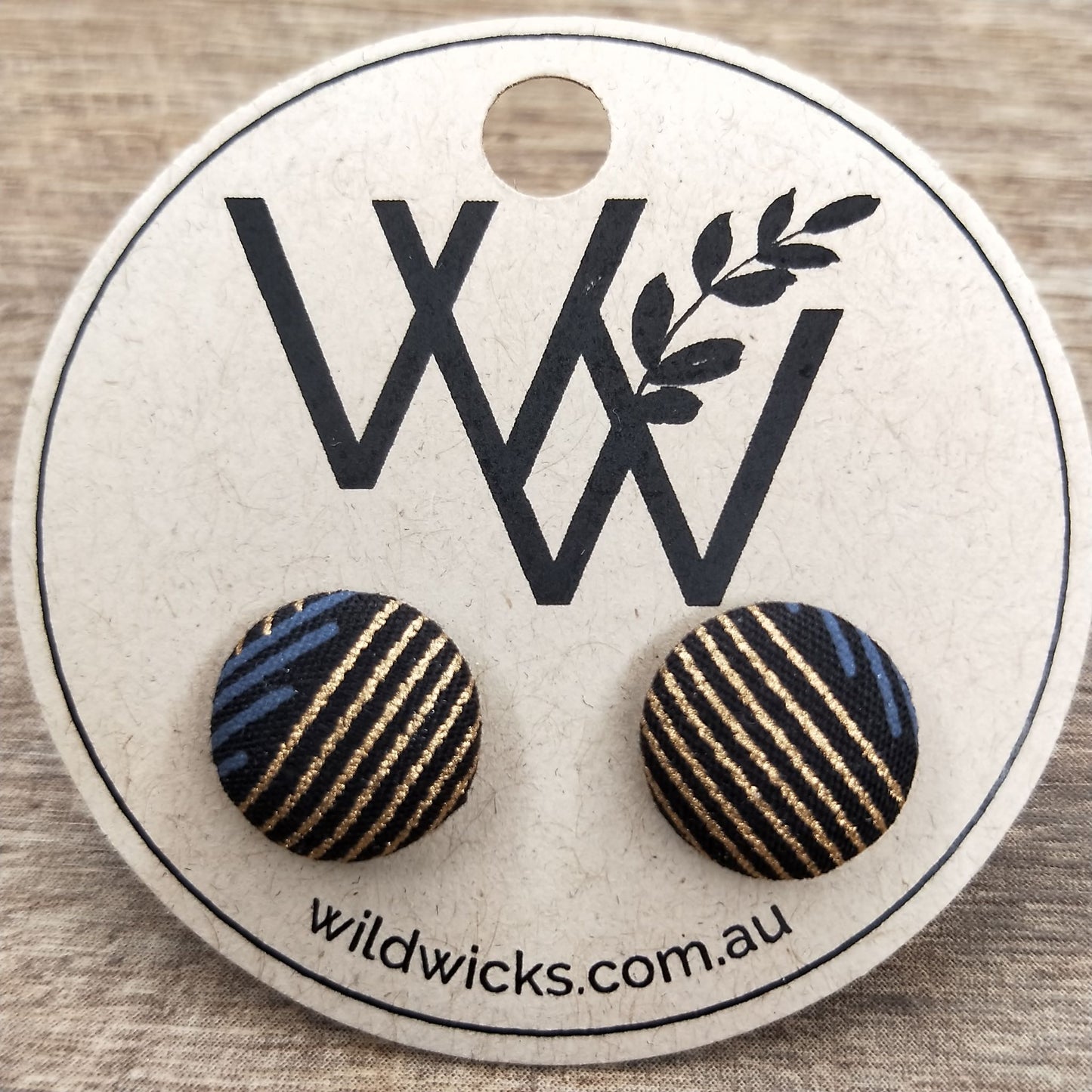 Wildears Fabric Covered Button Earrings Gold Grey Lines 12mm