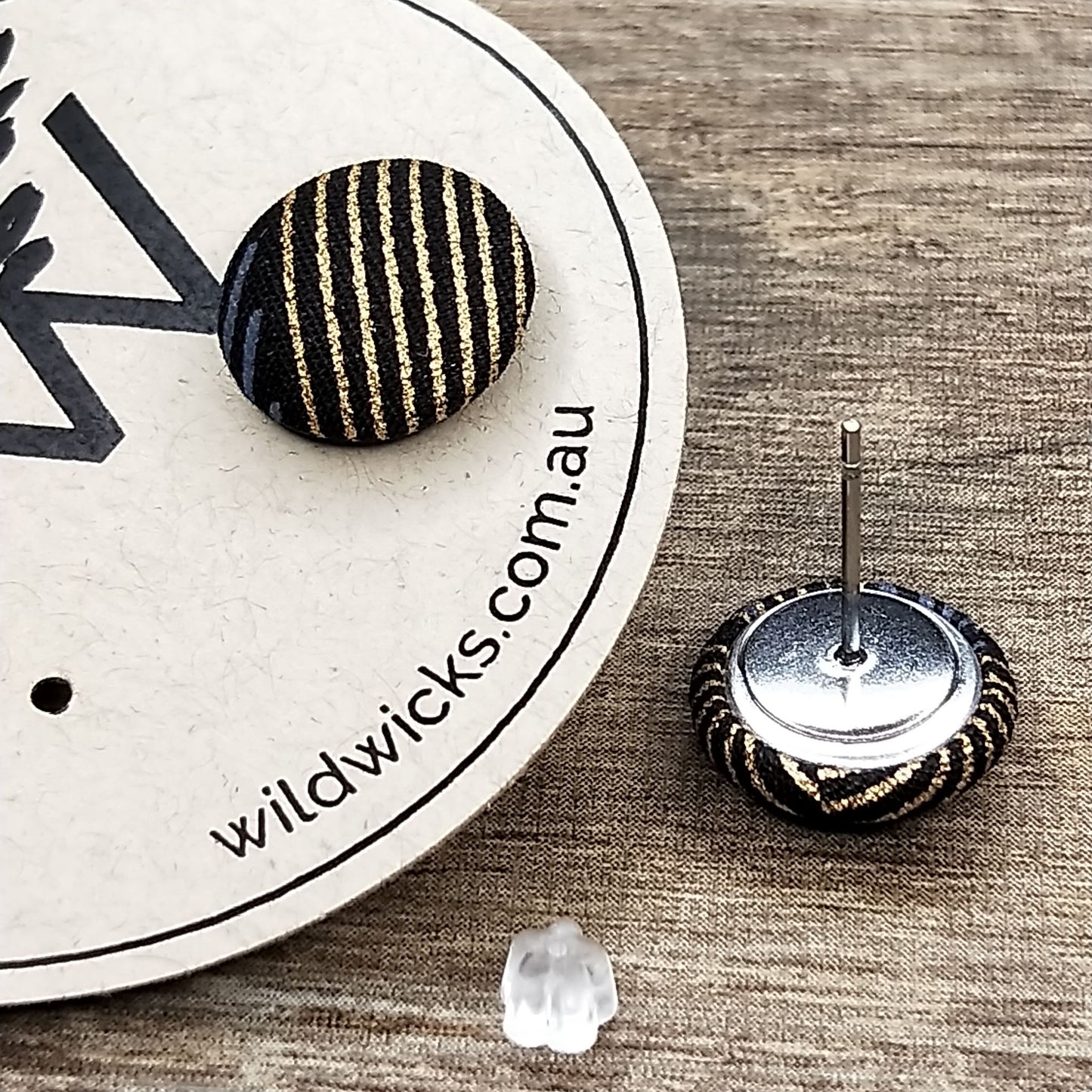 Wildears Fabric Covered Button Earrings Gold Grey Lines 12mm