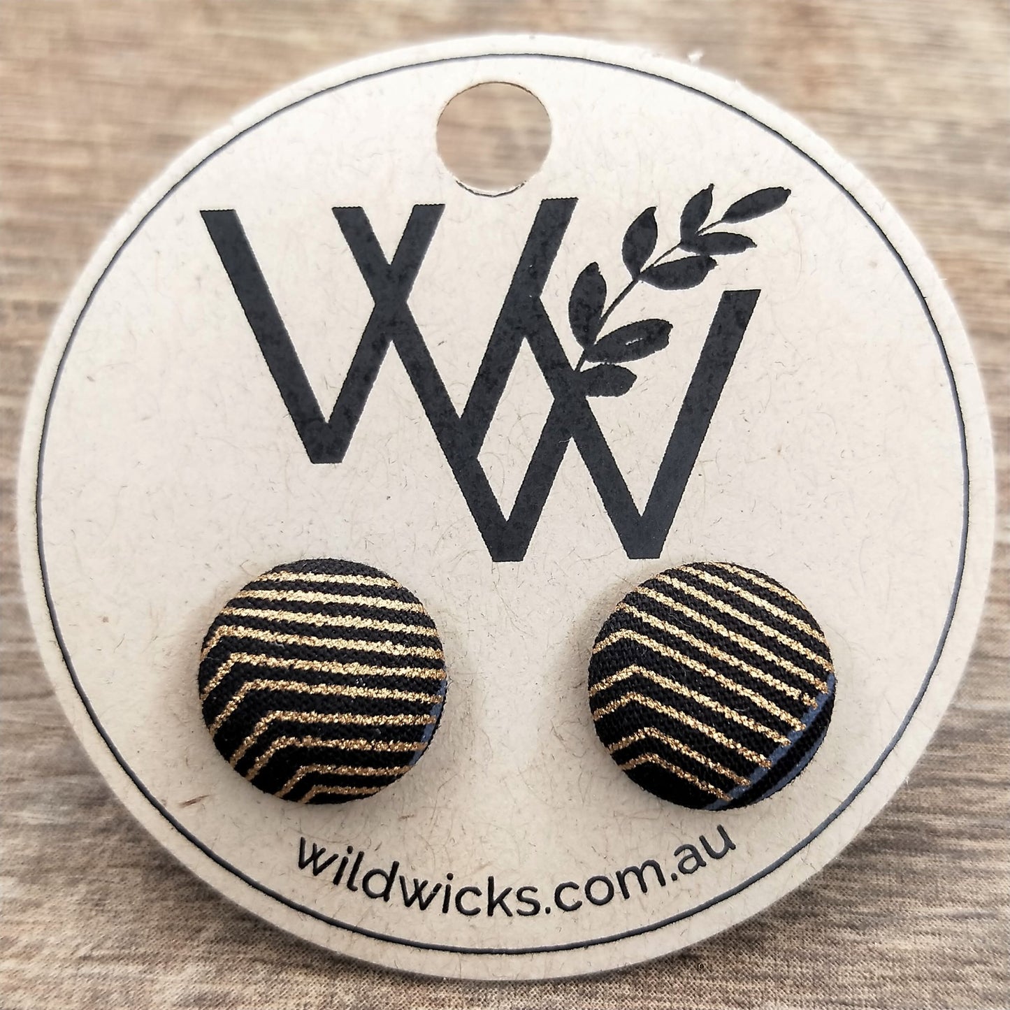 Wildears Fabric Covered Button Earrings Gold Grey Lines 2 12mm