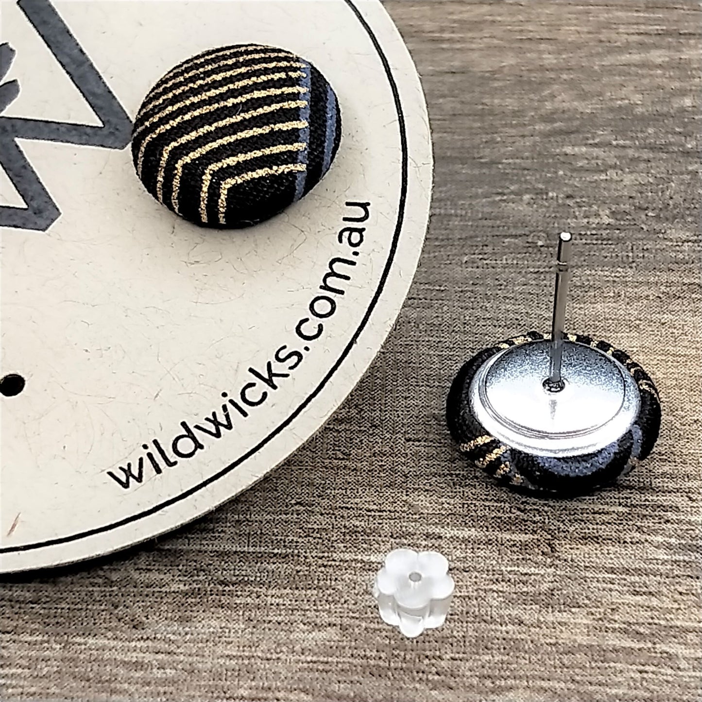 Wildears Fabric Covered Button Earrings Gold Grey Lines 2 12mm