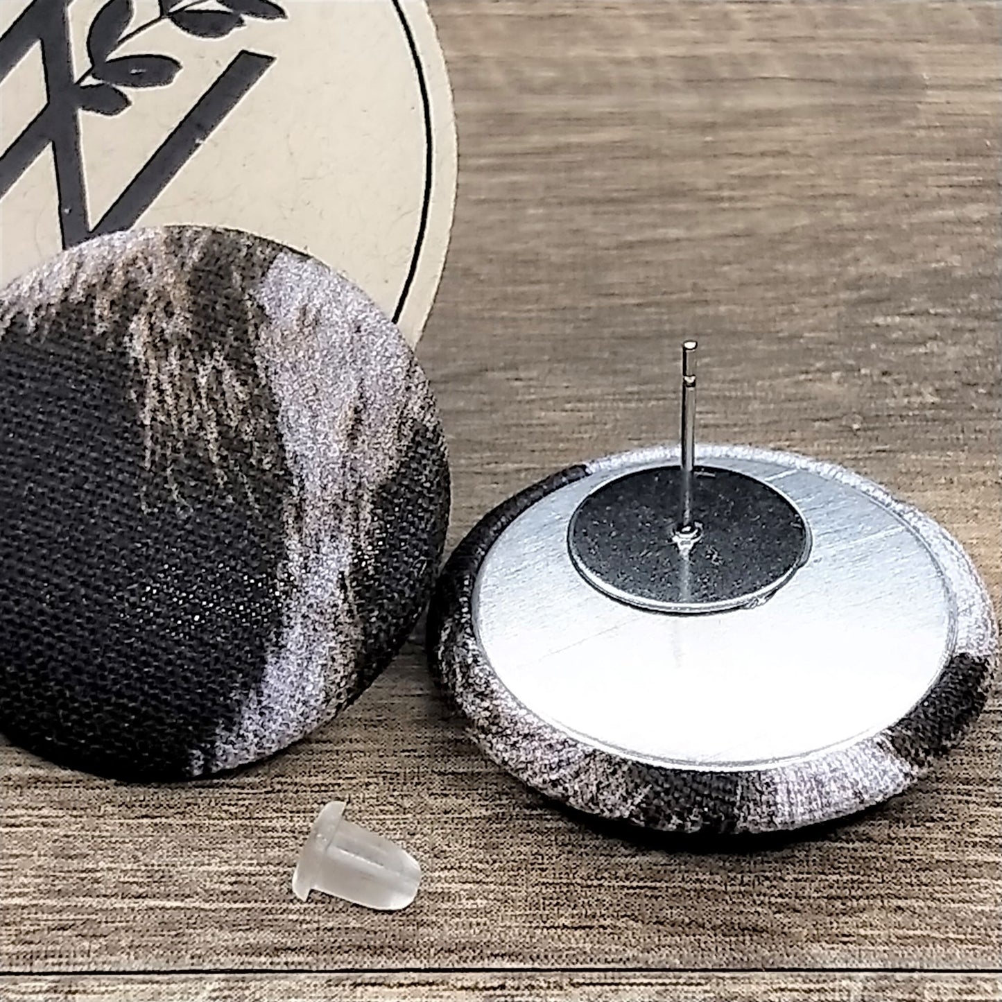Wildears Fabric Covered Button Earrings Black White Fur 27mm