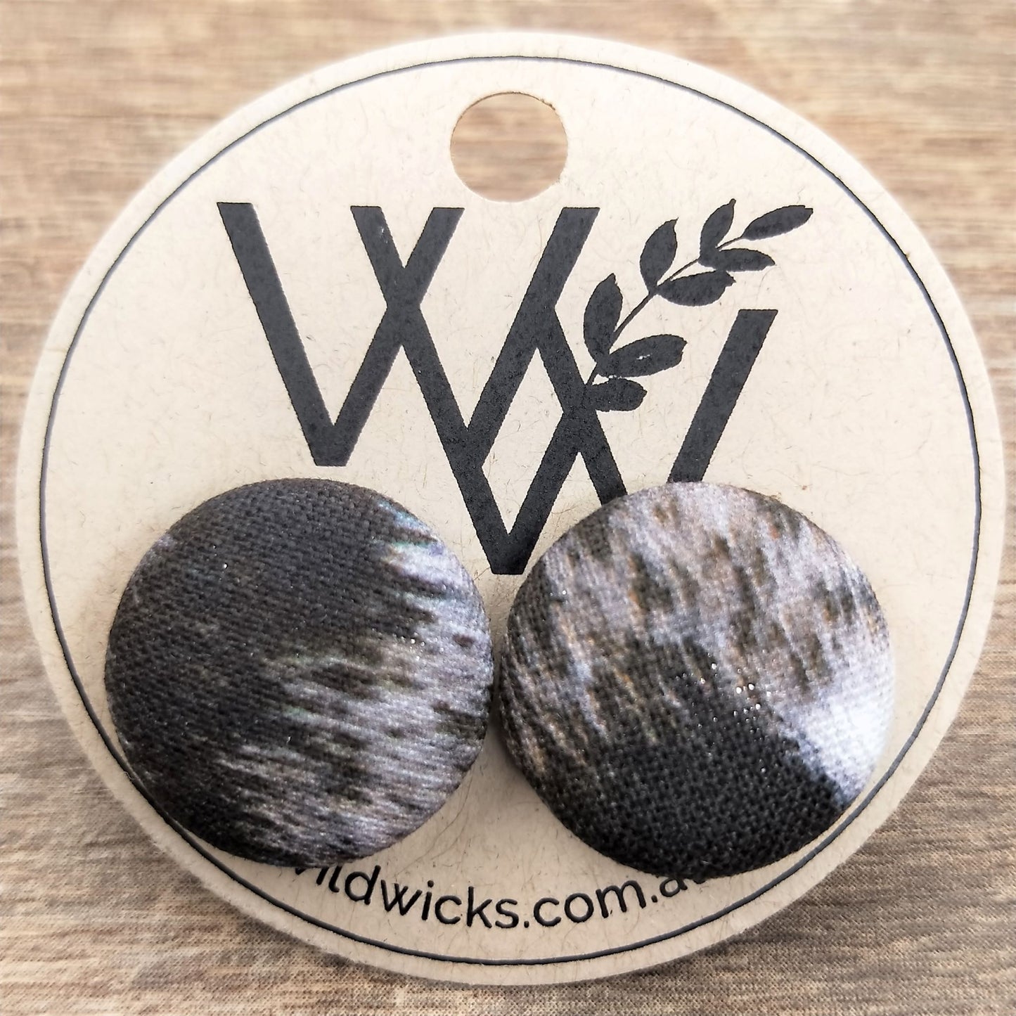 Wildears Fabric Covered Button Earrings Black White Fur 19mm