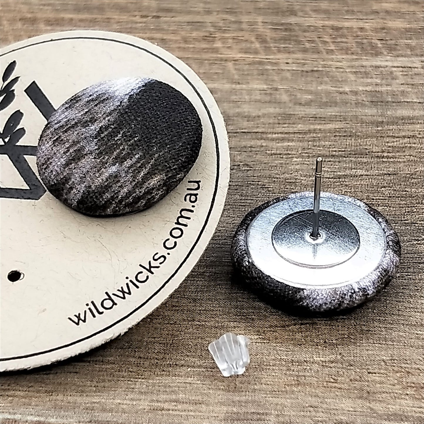 Wildears Fabric Covered Button Earrings Black White Fur 19mm