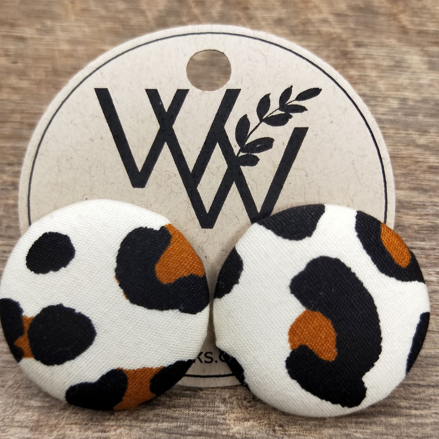 Wildears Fabric Covered Button Earrings Brown Black Leopard 27mm