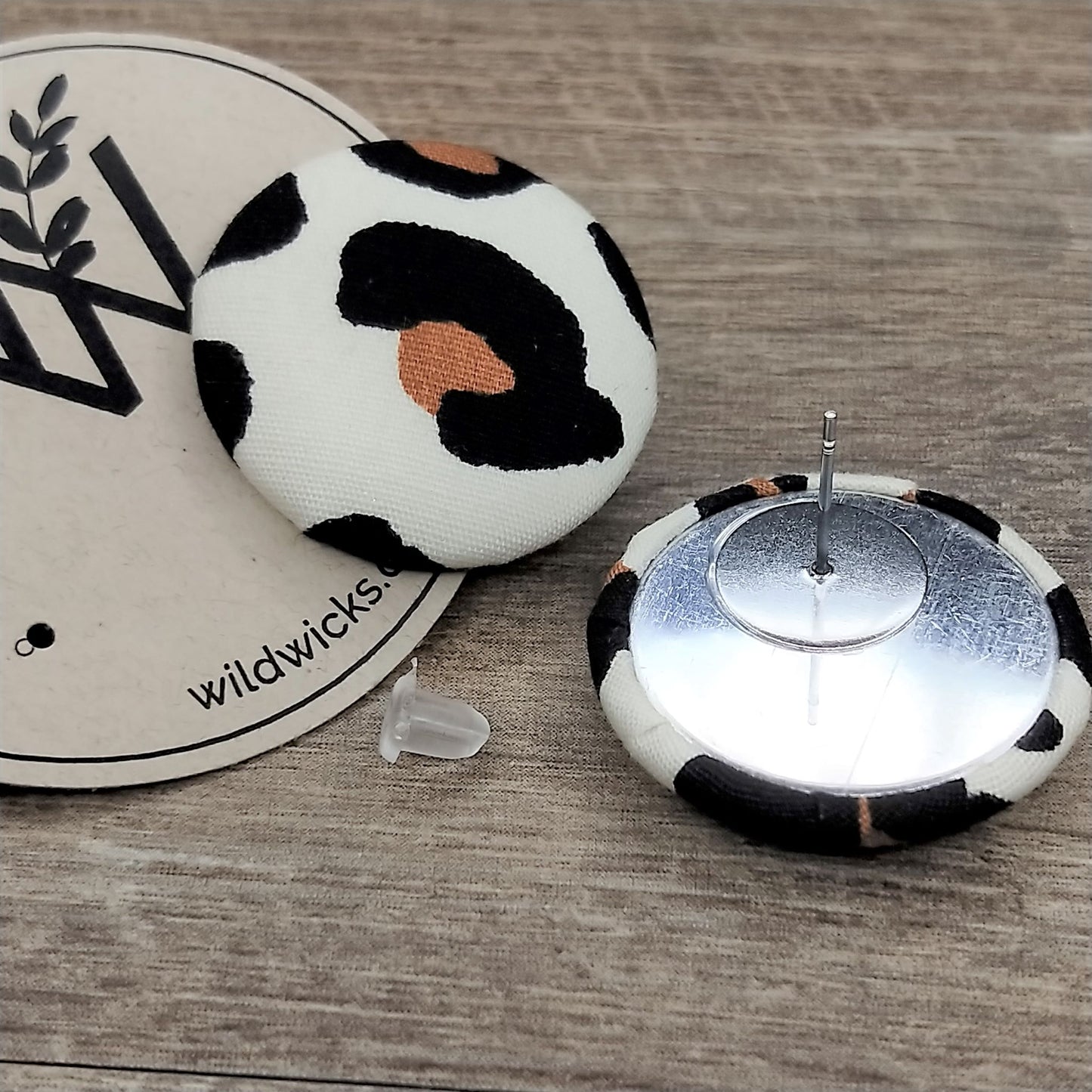 Wildears Fabric Covered Button Earrings Brown Black Leopard 27mm