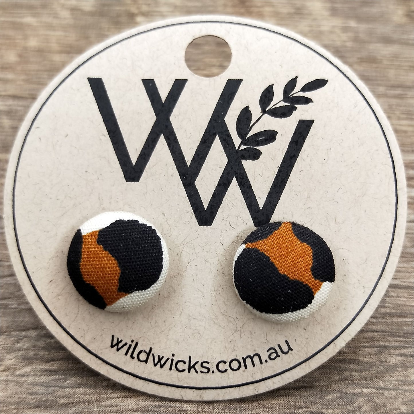 Wildears Fabric Covered Button Earrings Brown Black Leopard 12mm