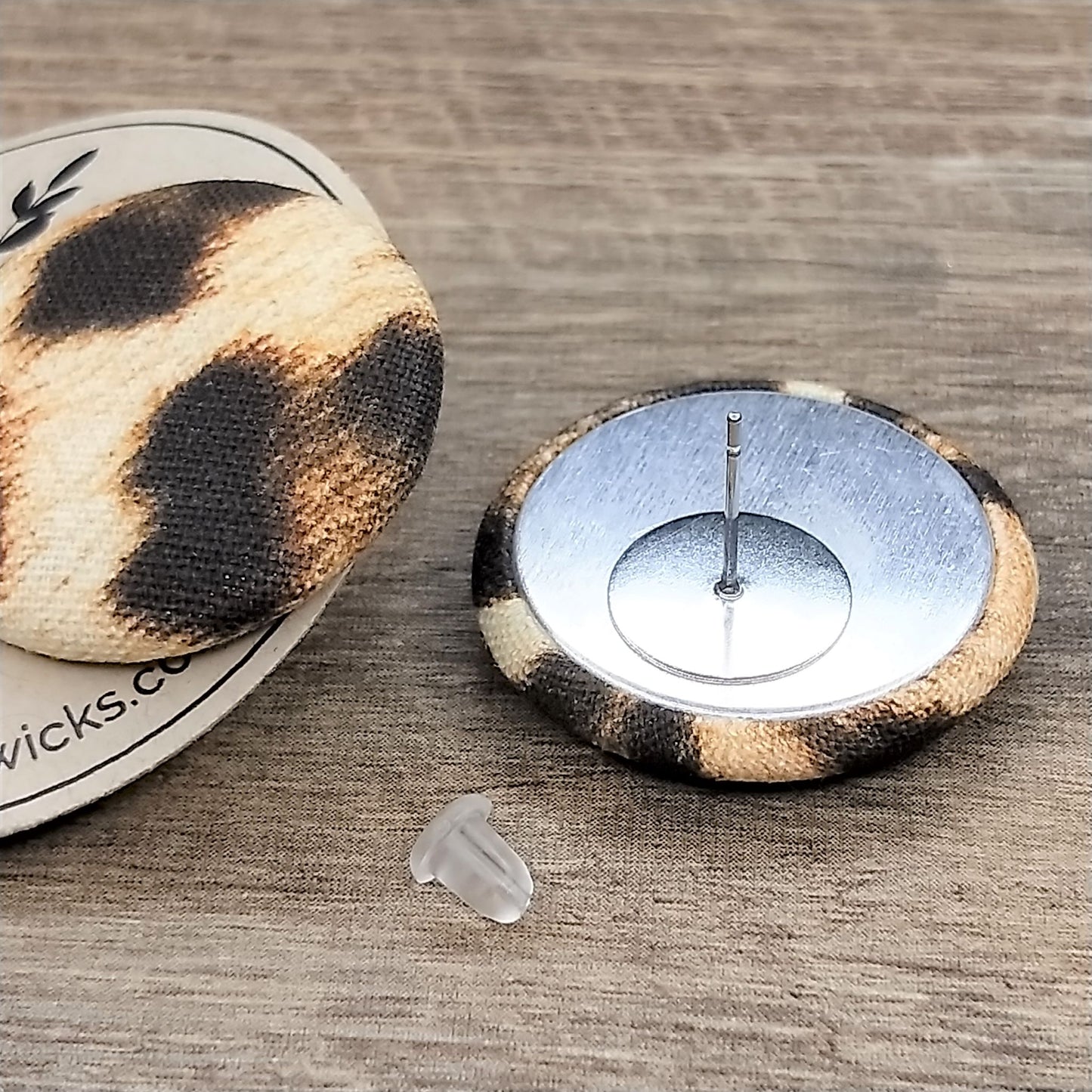 Wildears Fabric Covered Button Earrings Brown Leopard 27mm