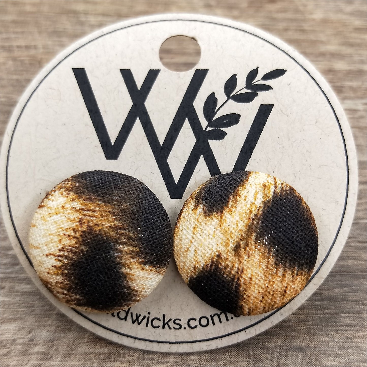Wildears Fabric Covered Button Earrings Brown Leopard 19mm