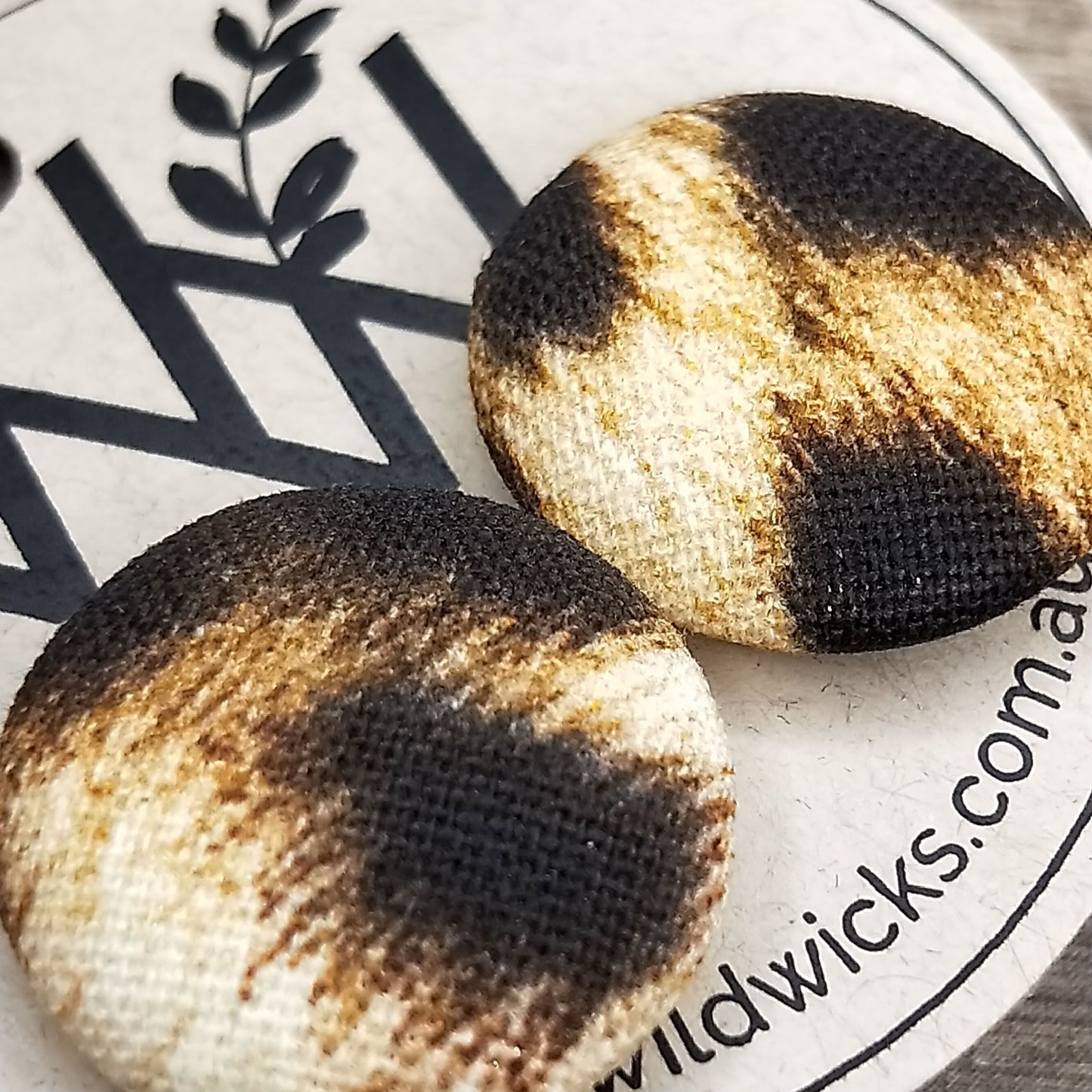 Wildears Fabric Covered Button Earrings Brown Leopard 19mm