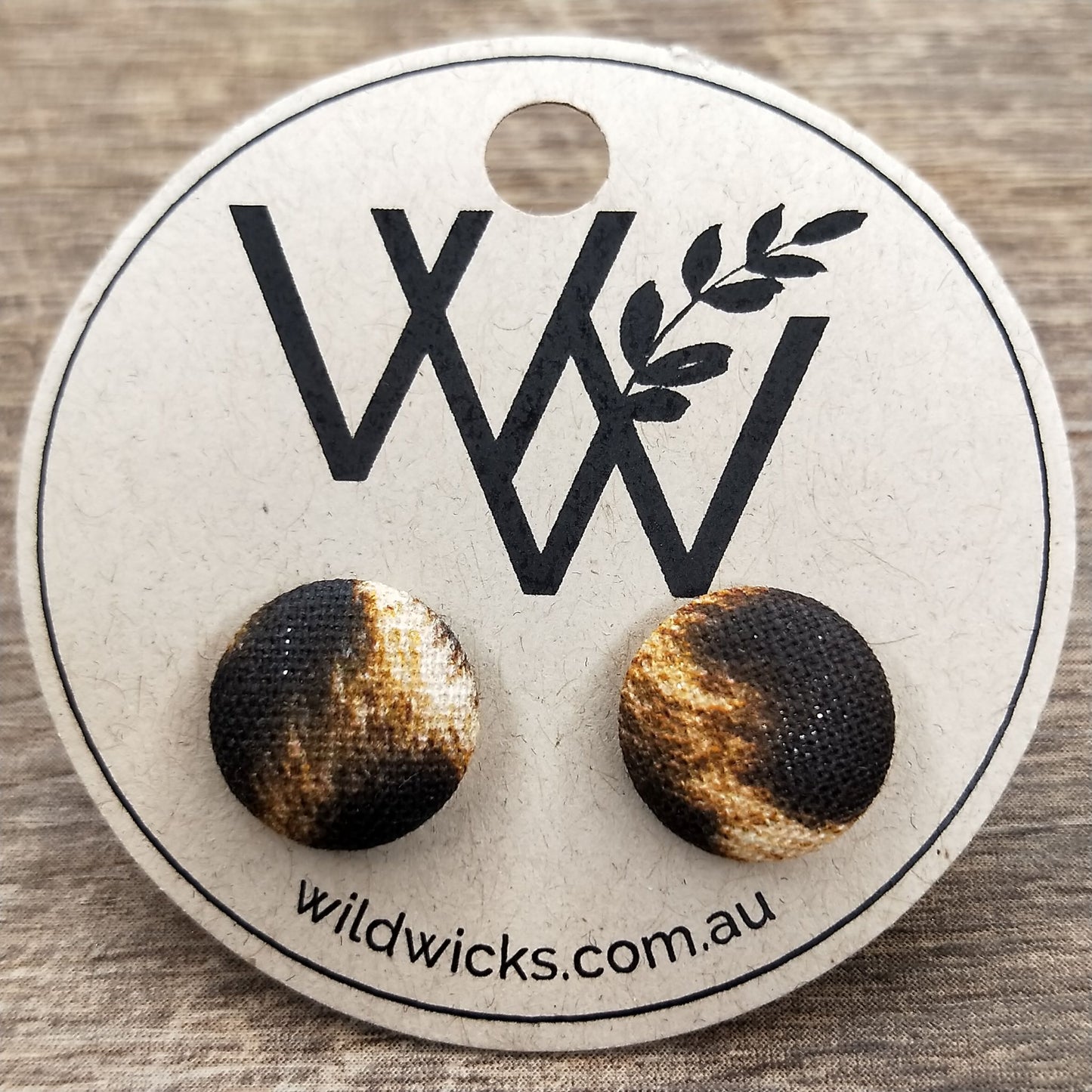 Wildears Fabric Covered Button Earrings Brown Leopard 12mm
