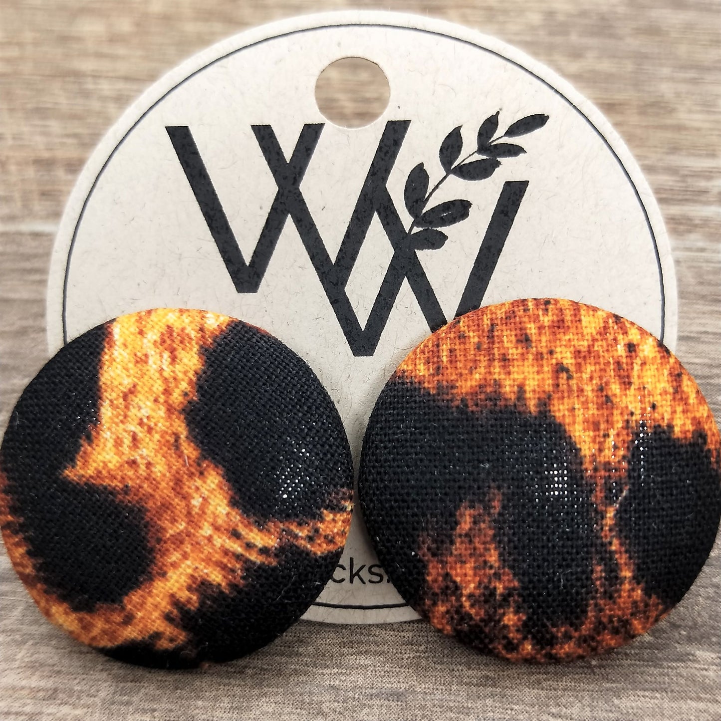 Wildears Fabric Covered Button Earrings Golden Leopard 27mm