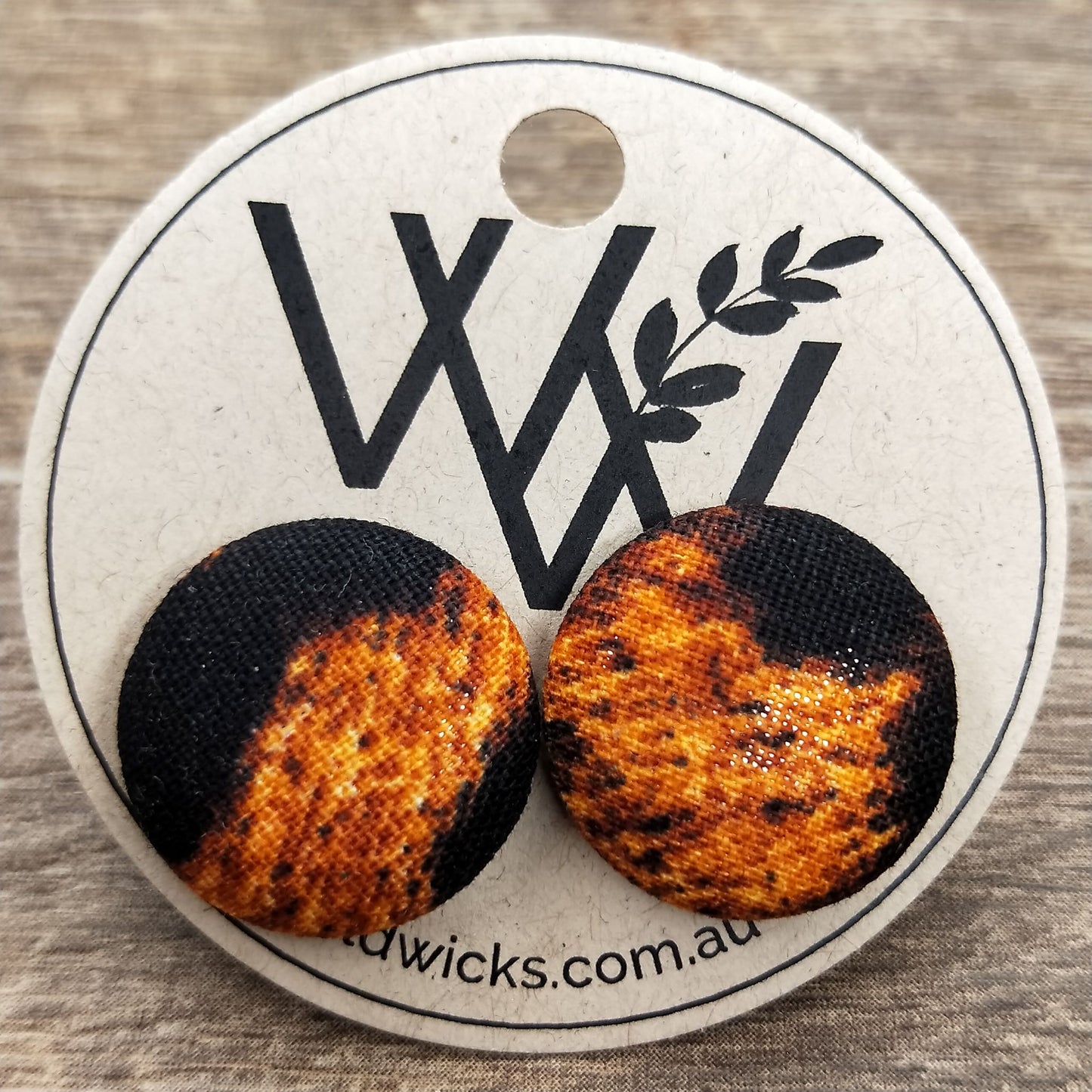 Wildears Fabric Covered Button Earrings Golden Leopard 19mm