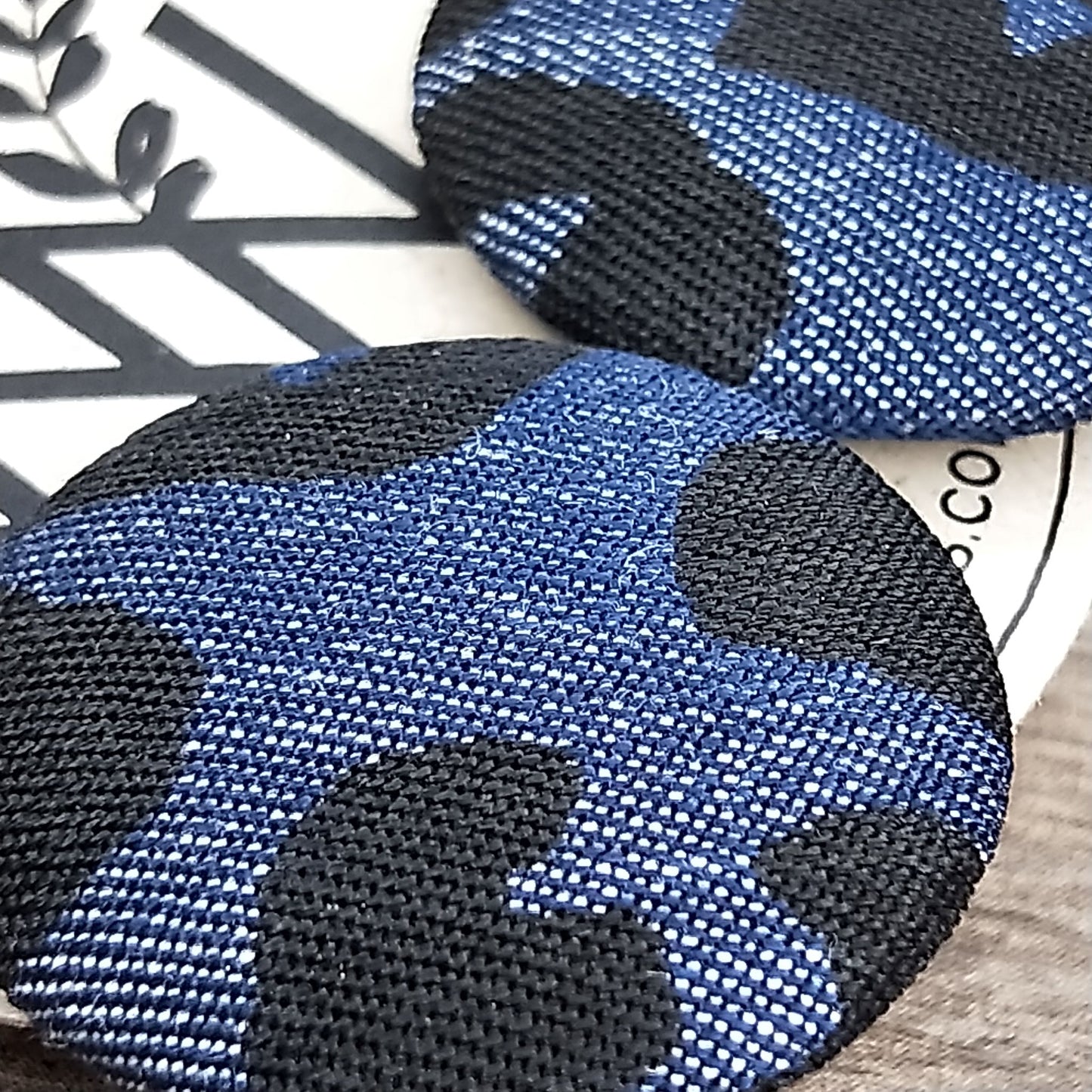 Wildears Fabric Covered Button Earrings Dark Denim Leopard 27mm