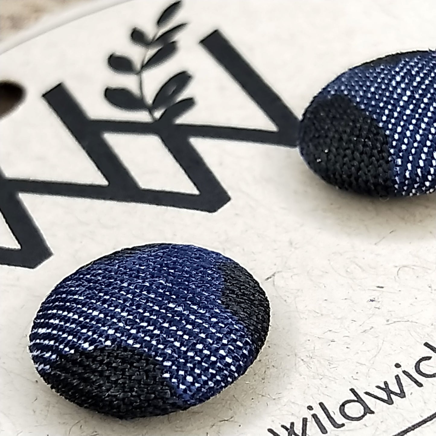 Wildears Fabric Covered Button Earrings Dark Denim Leopard 12mm