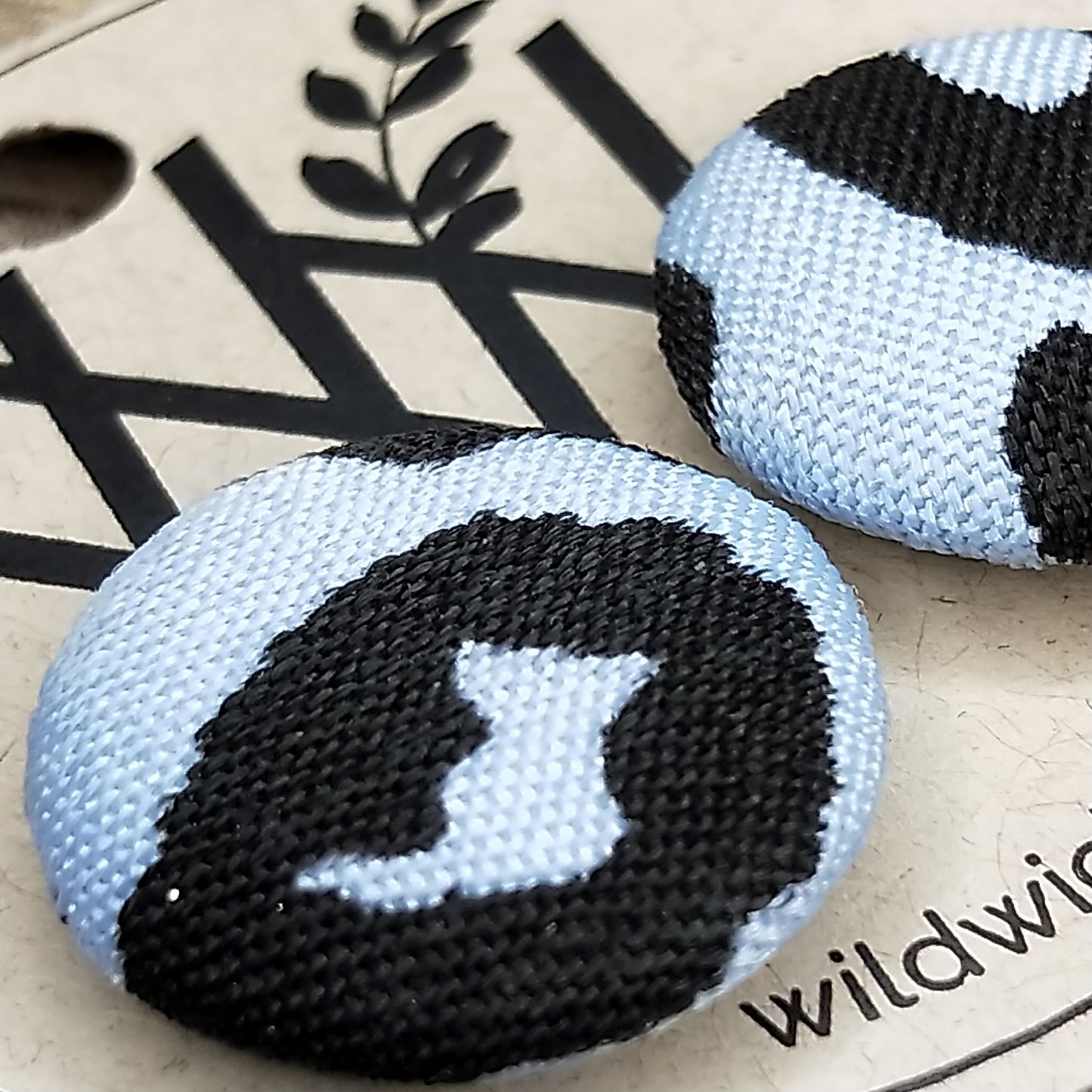 Wildears Fabric Covered Button Earrings Light Blue Leopard 19mm