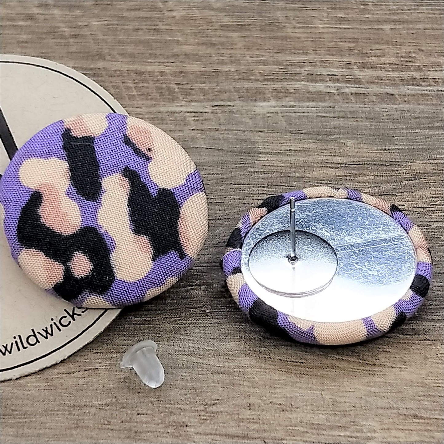 Wildears Fabric Covered Button Earrings Purple Tan Leopard 27mm