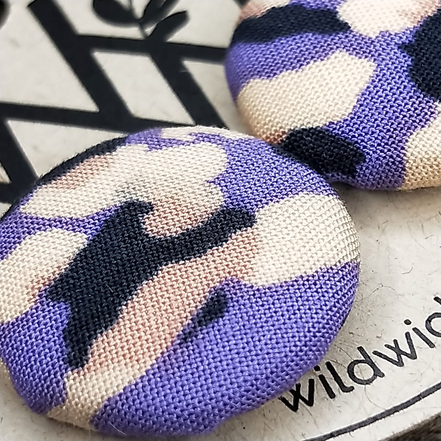 Wildears Fabric Covered Button Earrings Purple Tan Leopard 19mm
