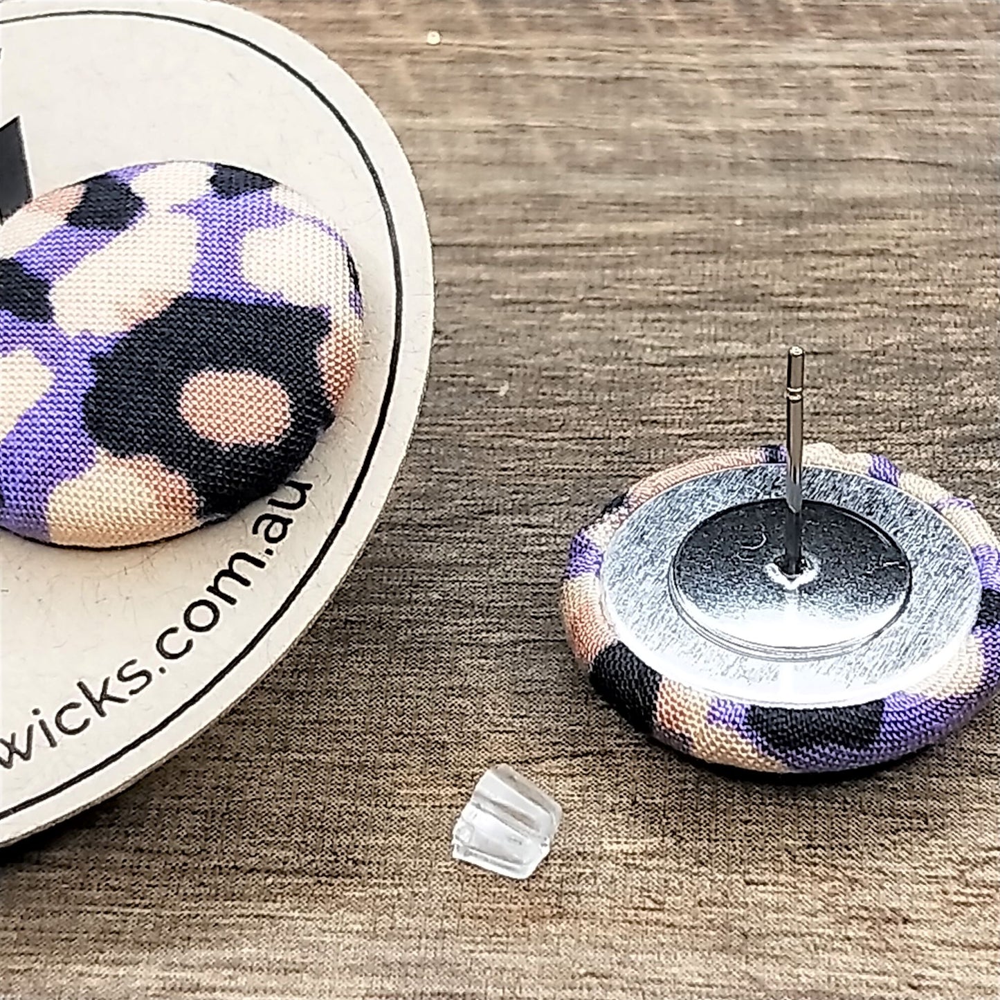 Wildears Fabric Covered Button Earrings Purple Tan Leopard 19mm