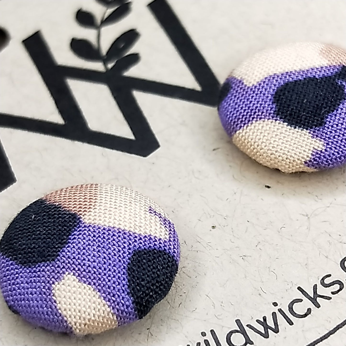 Wildears Fabric Covered Button Earrings Purple Tan Leopard 12mm
