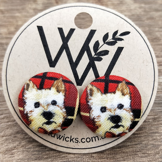 Wildears Fabric Covered Button Earrings Christmas Dogs 2 19mm