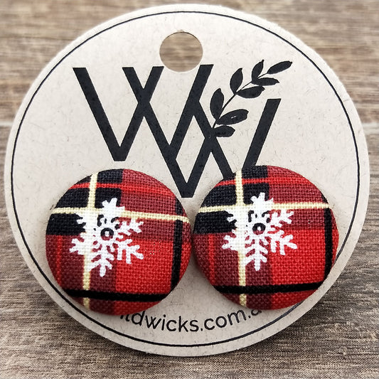 Wildears Fabric Covered Button Earrings Christmas Plaid 1 19mm