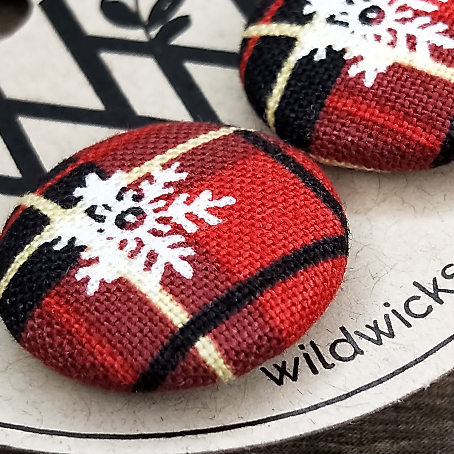 Wildears Fabric Covered Button Earrings Christmas Plaid 1 19mm