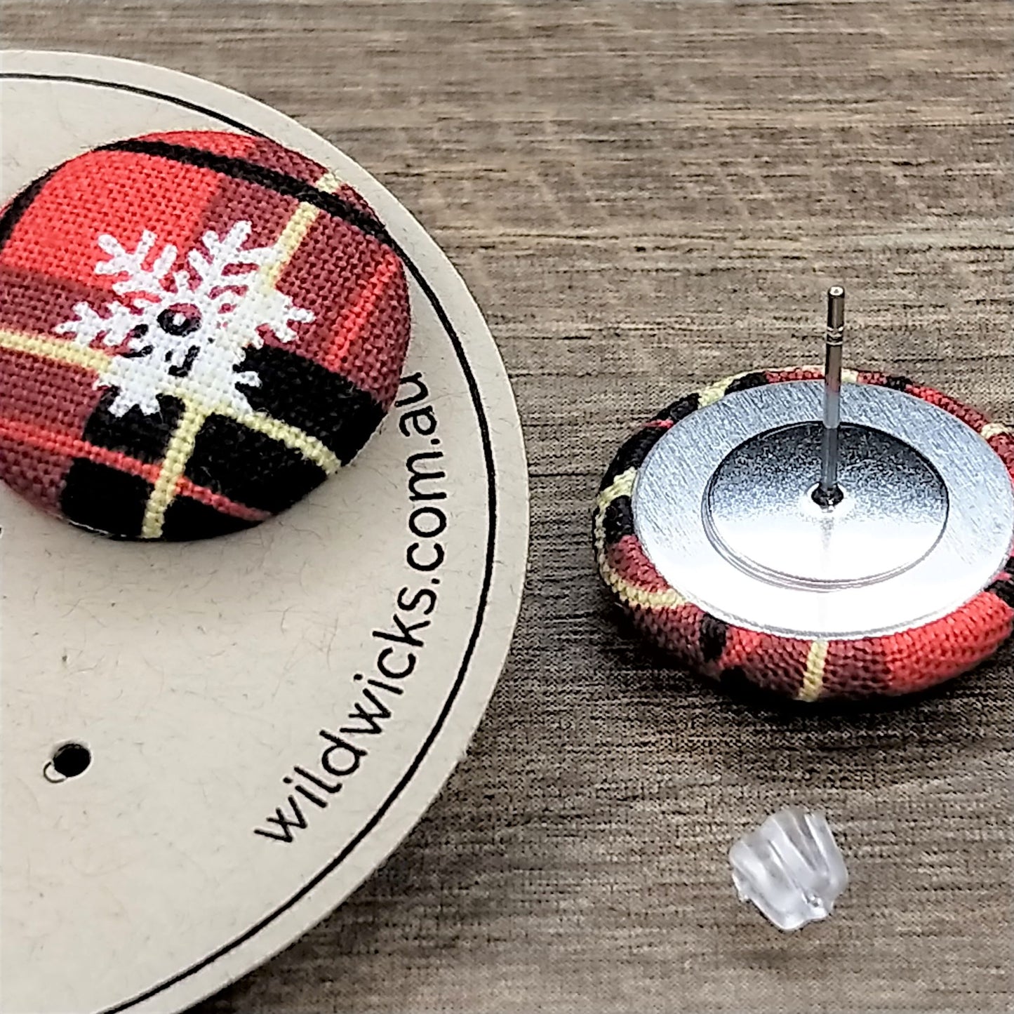 Wildears Fabric Covered Button Earrings Christmas Plaid 1 19mm