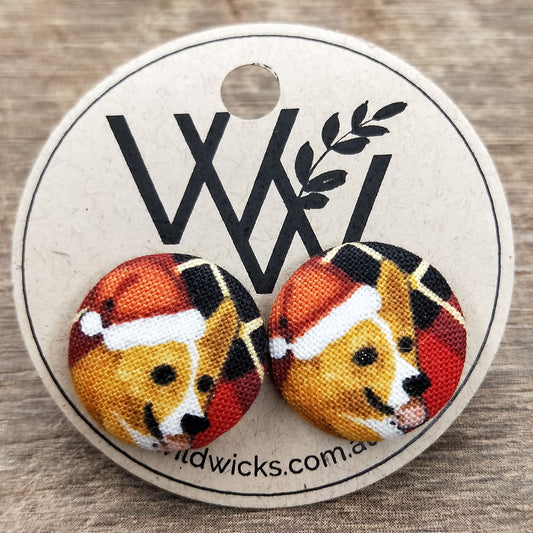 Wildears Fabric Covered Button Earrings Christmas Dogs 3 19mm